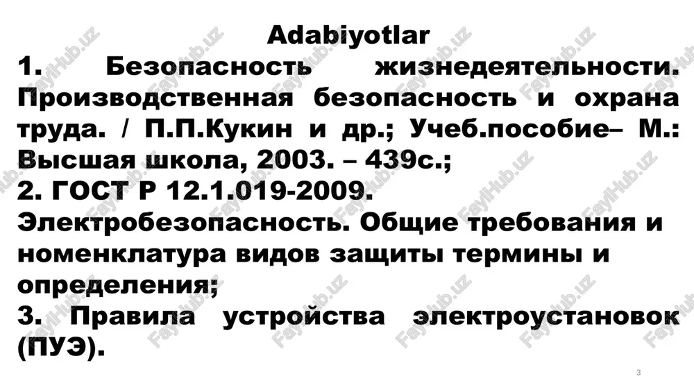 avfsizlik belgilari 13 elektr toki o’tkazmaydigan metal qismlarga o’tib qolgan tokda himoyalash usullari va vositalari (kuchlanish 1kv gacha) - yerga ulash nollash potentsiallarni tenglashtirish ekranlash himoyalovchi o’tkazgichlar tizimi himoyali uzish tok o’tkazmaydigan qismlarni izolatsiyalash elektr izolyatsilovchi vositalar shaxsiy himoya vositalari 14 elektr toki ta’siriga tushib qolgan odamni tok zanjiridan ajratish 15 elektr himoyalovchi vositalar dielektrik qo’lqop rezina etik qo’lqopni tekshirish rezina gilamcha yog’och taglik kalish 16 elektr kuchlanishi ko’rsatgichlari ikki qutbli ikki qutbli sig’imli kontaktsiz 17 tok o’lchagich qisgich 18 yashin qaytargichlar va ularni hisoblash 19 alohida o’rnatilgan yashin qaytargich 20 21 ma’ruzamiz tugadi ! marhamat mavzu bo’yicha savollar ??? 22 audio1.wav image1.jpeg image2.jpeg image3.jpeg image4.jpeg image5.jpeg image6.png image7.jpeg image8.jpeg image9.jpeg image10.png image11.png image12.png image13.png image14.png image15.gif image16.jpeg image17.png image18.jpeg image19.jpeg image20.jpeg image21.jpeg image22.jpeg image23.jpeg image24.jpeg image25.jpeg image26.jpeg image27.jpeg image28.jpeg image29.jpeg image30.jpeg image31.jpeg image32.jpeg image33.jpeg image34.jpeg image35.png image36.png image37.jpeg image38.jpeg image39.jpeg oo fe st potensiallarni yer yuzasi bo‘ylab tarqalish tavsifini …