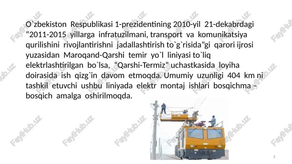 ash elektr quvvati poyezdni harakatga keltirish (tortuy motorlari- ni harakatlantirish uchun) va tarkibning o‘z ehtiyojiga sarflanadi. elektr quvvatining tortuv motorlariga sarflanadigan qiymatini a, deb belgilasak, uni ko‘pincha chizma-analitik yo'l bilan aniqlash mumkin: — ucxujesr-at) : a, = 60.1000” kw-s, bu yerda: j. — o‘zgarmas tokda ishlaydigan elektr tarkibining o‘rtacha toki yoki o‘zgaruvchan tokda ishlaydigan o‘rtacha aktiv toki; at — elektr tokining to‘g‘ri chiziq bo‘yicha ishlaydigan vaqt miqdori; koeffitsiyentlar: 60 — daqiqani soatga aylantirish va 1000 — vattni kilovattga aylantirish soni. shunday qilib, ulanish simidagi kuchlanish o‘zgarmagan holda uni masofani bosib o‘tishi va ishlash vaqtidan aniqlasa bo‘ladi. bunda o‘rtacha elektr toki sarflanishini j. vaqt birligi ar ni yugoridagi formulaga qo‘yib, tortuv motorlari sarflaydigan quwvati aniqlanadi. elektr tokini tarkibning o‘z ehtiyojlariga sarflash yordamchi mashinalarni yurgazish, boshqarish uchun sarflangan quwvat va yoritish quvvatidan iborat. qoida bo‘yicha tarkib poyezdlar bilan ishlash jarayonida o‘z ehtiyojlari uchun | soat davomida sarflaydigan elektr quwvati quyidagicha belgilangan: elektrovozlar …