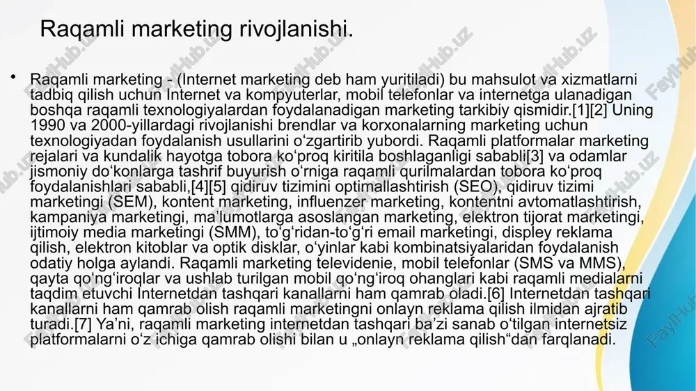 ellari va mahalliy seo mijozlarning xatti-harakatlariga taʼsiri ortib borayotgani bilan bogʻliq. qidiruv mexanizmi marketingi (sem) ppc (paid per click), yaʼni har bir reklama ustiga bosgan auditoriya uchun toʻlash sifatida ham tanilgan sem qidiruv natijalari sahifalari va veb-saytlari ustidagi taniqli, koʻrinadigan joylarda reklama maydonini sotib olishni oʻz ichiga oladi. qidiruv reklamalari brend tan olinishi, xabardorligi va konversiyalariga ijobiy taʼsir koʻrsatishi koʻrsatilgan. pulli reklamalarni bosgan qidiruvchilarning 33% ular oʻzlarining maxsus qidiruv soʻrovlariga bevosita javob berishlari uchun shunday qilishadi. ijtimoiy media marketingi (smm) marketologlarning 70% ijtimoiy media platformalarida marketing boʻyicha birinchi maqsad sifatida brend xabardorligini oshirishni koʻrsatmoqda. facebook, instagram, twitter va youtube hozirda ijtimoiy media marketing guruhlari tomonidan foydalaniladigan eng yaxshi platformalar sifatida qayd etilgan. 2021-yildan boshlab linkedin oʻzining professional tarmoq imkoniyatlari uchun biznes rahbarlari tomonidan eng koʻp foydalaniladigan ijtimoiy media platformalaridan biri sifatida qoʻshildi. kontent marketingi marketologlarning 56% shaxsiylashtirilgan kontent - brendga yoʻnaltirilgan bloglar, maqolalar, ijtimoiy yangilanishlar, videolar, qoʻnuvchi sahifalar - brendni …