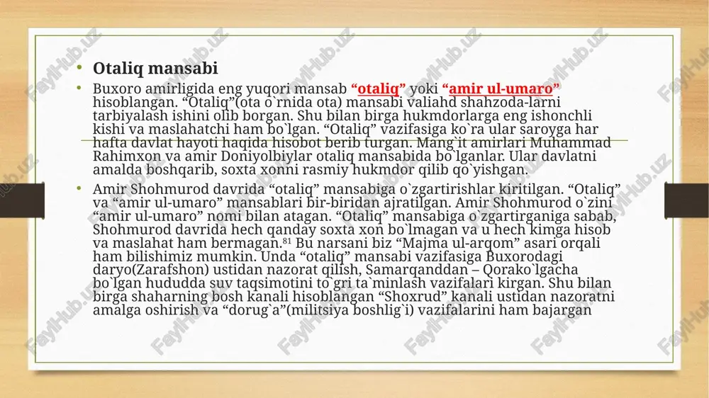 ardi. manbalar amirlikda mahalliy ma‘murlar shtati 30000 kishini tashkil etganligidan guvehlik beradi. hokim va uning xizmatkorlariga maosh davlat xazinasidan berilmas edi, ular mahalliy aholidan elingan turli- tuman seliq va te‘levlar hisobiga tirikchilik qilishardilar. hokimlar, soliq yig'uvchilar, qozilar xehlagancha ish yuritardilar, ularning faoliyatini belgilevchi qenunqgidalar ye'q edi. ularning suiste‘mellari xalq gardaniga og’ir yuk be'lib tushardi. xix asr 30-yillarida amir qo‘shinida 19 mingga yaqin yollangan askarlar bo'lib, ular turli shahar va istehkemlarda harbiy xizmatni o‘taganlar. = amirlikda eng katta mansabdorlardan biri qazi kalon hisoblanardi, ning mahkamasida har bir viloyatdan bittadan goazi ish olib borardi. ularni aly le) o'zi tayinlardi. qozi din masalalari, oila, meros, ingly ishlarga oid masalalar e’yicha hukmlar gabul gilardi. buxoro amirligi 27 beklik: karmana, xatirchi. ziyovuddin, nurota, qarshi. kiteb, shahrisabz. chiregchi. yakkabog’, g'uzor, boysun, sherebed, denov. karki, chorjuy,. xisor, ko‘lob, qorategin, darvoz, baljuven, sho’g"nen-rushon, qo'rg‘ontepa. qehediyon, kalif, bo'rdalik. qobeqli va norazm bekliklaridan iborat edi. har bir beklikni amir tomonidan …
