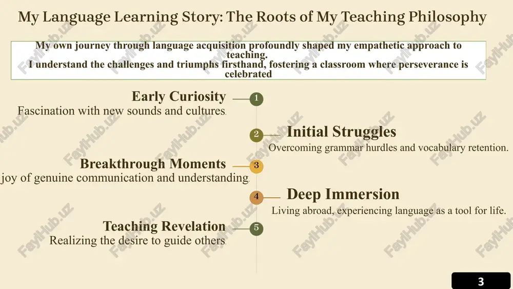 language education, embracing innovation, and deepening my role as a mentor and guide. innovation champion pioneering new teaching methods and technologies. empathetic mentor guiding students beyond linguistic mastery to personal growth. lifelong learner continuously expanding my own linguistic and cultural knowledge. global connector fostering cross-cultural dialogue and understanding. 9 9 defining my path: key takeaways and ongoing reflection this exploration solidifies my commitment to being a dynamic, student-centered language educator. my path is one of continuous learning, adaptation, and a deep passion for unlocking the world through language. identity is dynamic teaching identity is a constantly evolving construct. reflection is key ongoing self-assessment fuels pedagogical growth. impactful practice aligning beliefs with methods maximizes student success. i will continue to reflect, learn, and grow, ensuring my practice remains vibrant and effective, shaping not just language learners, but global citizens. 10 10 11 questions: 1. how do your own experiences as a …