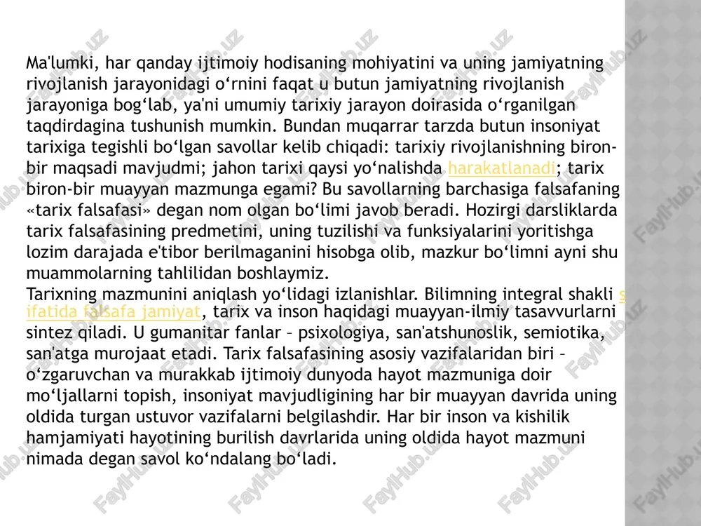 aralar va doiralar bilan cheklanmaydigan, turli shakl va koʻrinishga kiradigan tushunchalar tizimini tarix falsafasi deb biladi; idealistik tarix falsafasi — unda gʻoyalar, insonning axloqiy tushunchalari, maʼnaviy-ruhiy kechinmalari asosida tarixga munosabat bildiriladi; naturalistik tarix falsafasi uchun inson hissiyoti va tuygʻusi orqali olamni anglash, oʻtmishga nazar solish va uni baholash asosiy mezondir; materialistik tarix falsafasi — unda iqtisodiy omillarga katta eʼtibor beriladi; tarixni yoʻnaltiruvchi kuch sifatida moddiy ehtiyoj va iqtisodiy zaruriyat asos qilib olinadi. tarixda shaxsning roliga qanday baho berilishiga qarab, alohida shaxsni ustun qoʻyib yoki jamoani birinchi qoʻyib fikr yuritadigan tarix falsafasi ham mavjud. tarix falsafasida, shuningdek, tarix fani tushunchasi, qonuniyatlari, tarixiy jarayon va inson, inson mohiyati, feʼlatvori, xatti-harakati, manfaati talqin etiladi. tarix falsafasi ildizlari antik davr allomalari gerodot va fukididning tarixiy harakatga doir qarashlariga borib taqaladi. u polibiy, posidoniy, plutarx qarashlarida nisbatan shakllandi. avgustin esa ilohiy davlat tarixi falsafasini yaratdi va keyingi ming yillarda tarixiy tafakkurning shakllanishiga kuchli taʼsir koʻrsatdi. …