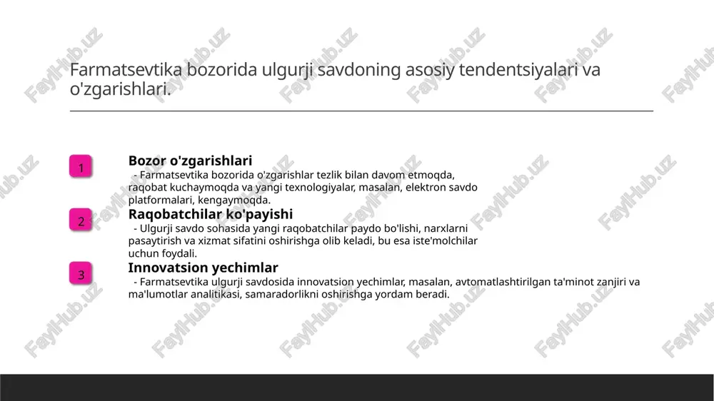 hiqaruvchilar, ulgurji va chakana savdogarlar o'rtasidagi bog'lanishni ta'minlaydi. 2 raqobatbardoshlik ta'minot zanjirining raqobatbardoshligi, tezkor yetkazib berish, sifatli mahsulotlar va raqobat narxlari bilan ta'minlash orqali oshiriladi. 3 innovatsion yondashuvlar innovatsion yondashuvlar, masalan, avtomatlashtirilgan saqlash va raqamli platformalar, ta'minot zanjirini yanada samaraliroq va tejamkor qilmoqda. ulgurji savdo uchun ta'minot zanjirini optimallashtirish usullari. ulgurji savdo uchun ta'minot zanjirini optimallashtirish, samaradorlikni oshirish va xarajatlarni kamaytirish maqsadida muhimdir. bunga quyidagilar kiradi: - ta'minotchilar bilan samarali hamkorlik - inventarizatsiya boshqaruvi - ovozli texnologiyalarni joriy etish. photo by christina @ wocintechchat.com on unsplash mahsulotlarni ta'minlashda innovatsion yondashuvlar va strategiyalar. 01 innovatsion texnologiyalar farmatsevtika sohasida innovatsion texnologiyalar, masalan, raqamli platformalar va avtomatlashtirish, ta'minot jarayonlarini samarali boshqarishga yordam beradi. 02 yangi ta'minot modellari yangicha ta'minot modellari, masalan, "just-in-time" yoki "lean" yondashuvlari, xarajatlarni kamaytirish va vaqtni qisqartirishga xizmat qiladi. 03 hamkorlik va tarmoq ta'minot zanjirida hamkorlik va tarmoqni kengaytirish, resurslarni samarali taqsimlash va bozor raqobatbardoshligini oshirishga yordam beradi. o'zbekistonda farmatsevtika …