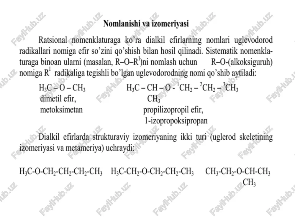 ’lib, etanolni kontsentrlangan sulfat kislota ishtirokida 140-145°c da yoki al,o; ustida 300°c da degidratlab olinadi. u, ko’pincha etil efir yoki to’g’tidan-to’g’ri efir deb ham yuritiladi. dietil efir 34,6°c da qaynaydigan, rangsiz, xarakatchan, o’ziga xos “efir” hidli suyuqlik. efir suvda yomon ( 20°c da 6 % gacha) eriydi. suvsiz etil spirti bilan istalgan nisbatda aralashadi. dietil efiri juda uchuvchan bo’lib, oson alangalanadi. uning bug’i havo bilan portlovchi aralashma hosil qiladi. efir uzoq vaqt saqlanganda (aynigsa, yorug’likda), kislorod ta’sirida oksidlanib, portlovehi efir gidroperoksidni hosil qiladi. shu sababli efir o’t olish va portlash xavfi kuchli modda hisoblanadi. u bilan ishlaganda baxtsiz hodisalarning oldini olish uchun juda ehtiyot bo’lish va texnika xavfsizligi qoidalariga amal qilish lozim. dietil efir yog’, smola, alkaloid va boshqa muhim organik moddalar uchun yaxshi inert erituvchi hisoblanadi. u_ tutunsiz porox, sun’iy ipak ishlab chiqarishda, magniyorganik birikmalar olishda, shuningdek, tibbiyotda narkoz sifatida ishlatiladi. diizopropil efir — 67,5°c da qaynaydigan suyuqlik. u …