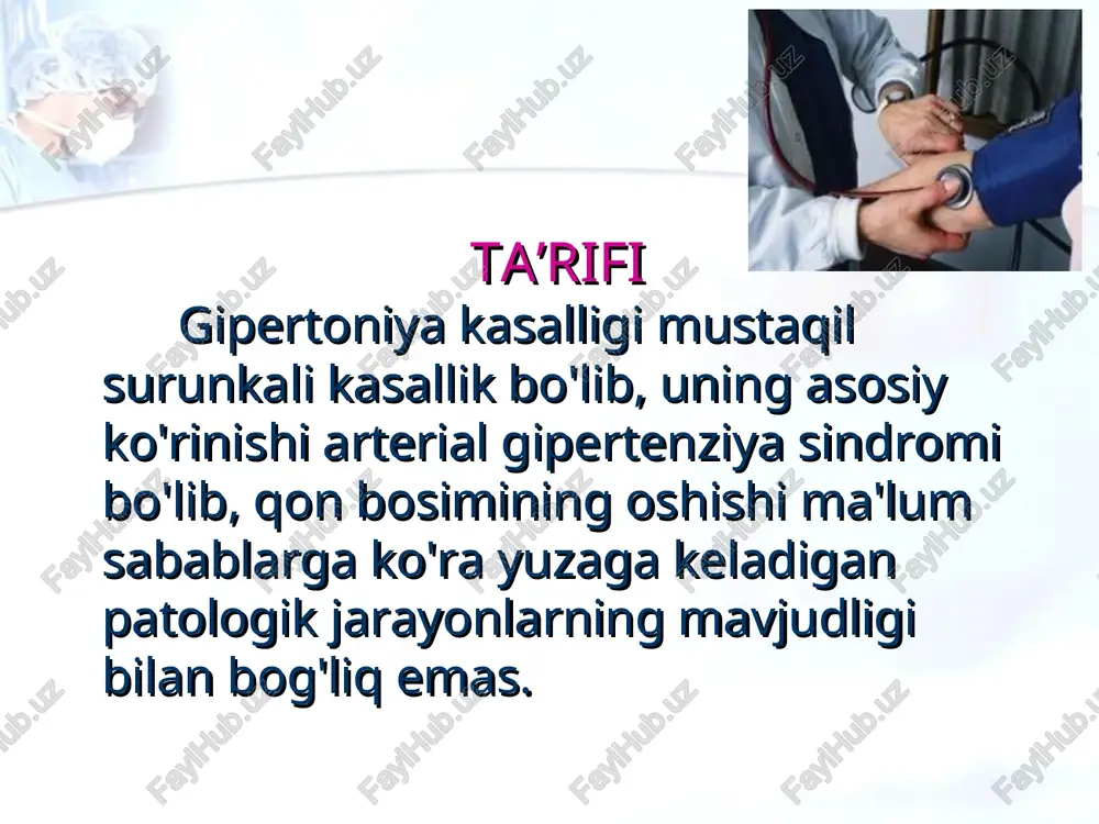xavf omillari 3-ta va undan ortiq va /yoki naz, va/yoki qandli diabet, assotsirlangan kasalliklar yoq yuqori xavf yuqori xavf juda yuqori xavf 4. assotsirlangan kasalliklar mavjud, naz+ havf omillari + juda yuqori xavf juda yuqori xavf juda yuqori xavf shikoyatlari bosh og'rig'i bosh aylanishi xotira susayishi boshda shovqin ko'zlar oldida «dog'lar» uchishi va ko'rishning boshqa turli buzilishi yurak sohasidagi og'riq hansirash tez charchash tushkun kayfiyat klinika * anamnez oilaviy anamnez lipid almashinuvi buzilishi ag davomiyligi dori vositalarini qabul qilishi yondosh kasalliklarining mavjudligi ikkilamchi ag simptomlarini aniqlash hayot tarzini baholash bemorning holati semizlik – ayniqsa abdominal semizlik (me’yor:bel aylanasi ayollarda 80 sm dan kam, erkaklarda 94 sm dan kam) oyoqlar shishi teri rangi nevrologik simptomlar fizikal tekshiruv bo’yin: uyqu arteriyalari ustida shovqin, bo’yin tomirlari bo’rtib turishi qo’lda qb: o’tirgan va turgan holda kamida 2 marta o’lchash (har ikkala qo’lda) buyrak: buyrak arteriyalari ustida shovqin (epigastriy auskultasiyasida eshitiladi) buyraklarning kattalashishi oyoqlarda qb …