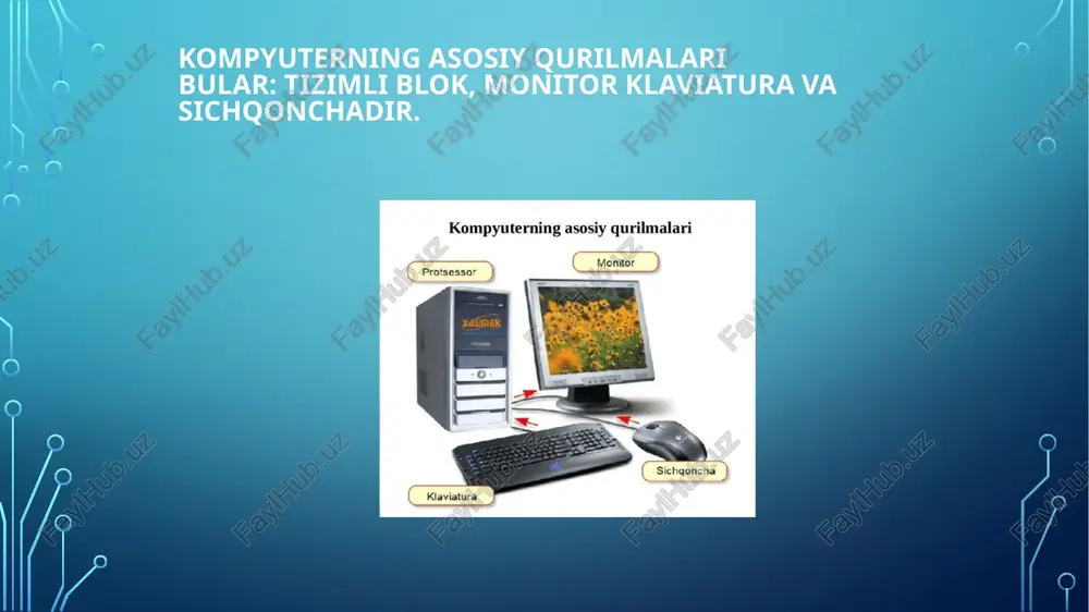 lar, naushniklar va mikrofonlar oddiy audio o'rniga usb vilkalariga ega. ular har qanday usb portiga ulanishi mumkin. 7-qadam. kompyuter bilan birga bo'lgan 2 quvvatli kabellarni oling. birinchi kabelni tizimdan tashqarida va tarmoq filtriga ulang. keyin ikkinchi kabelni monitorga va tarmoq filtriga ulang. 8-qadam. va nihoyat, tarmoq filtrini elektr manbaiga ulang. agar kalit bo'lsa, tarmoq filtrini o'zi yoqish kerak bo'lishi mumkin. agar sizda tarmoq filtri bo'lmasa, kompyuterni to'g'ridan-to'g'ri rozetkaga ulashingiz mumkin. biroq, buni amalga oshirish tavsiya etilmaydi, chunki kuchlanish stakan kompyuterning taqsimotiga olib kelishi mumkin. o'rnatilgan kompyuterni o'rnatish va bog'lash endi sizning asosiy kompyuter qurilmalari ishlashga tayyor. kompyuterni yoqishdan oldin ish joyini tashkil etishga bir oz vaqt ajrating. yaxshi tashkil etilgan ish joyida mehnat unumdorligini oshirishi va salomatligini mustahkamlashi mumkin. chap - vga, o'rta-dvi, o'ng - hdmi. ko'pincha monitor va video kartani barcha uchta interfeyslarni qo'llab-quvvatlaydi. bunday holda, biz foydalanishni tavsiya etamiz dvi yoki hdmi interfeysisizning ixtiyoringizda. foydalanilgan adabiyotlar: 1.kompyuter // …
