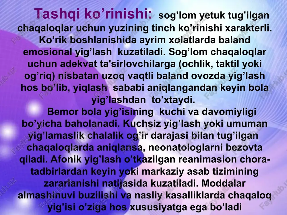 ik, nisbatan quruq, qon tomirlarga boy. burun yo'llari torligi va yaxshi qon bilan ta'minlanganligi natijasida kichik yoshdagi bolalarda yengil yallig'lanish burun orqali nafas olishni qiyinlashtiradi. ko'krak yoshidagi bolalarda nafas olishning asosiy va birinchi xususiyati - uning yuzaki xarakteri, ya'ni unchalik katta bo'lmagan chuqurligidir. ikkinchi xususiyati - bir minutda nafas olish sonining ko’pligi. chaqaloqlar bir minutda 50-60 marta nafas olishadi, bu fiziologik xolat hisoblanadi. uchinchi xususiyati - bola hayo’tining birinchi 2 haftaligida nafas aritmiyasi, ya'ni nafas olish va nafas chiqarish pauzalarining notogri almashinishi, nafas olish nafas chiqarishga nisbatan qisqa va ba'zi hollarda tanaffus bilan bo´ladi. bolalarda nafas olishning to’rtinchi xususiyati - bola yoshi va jinsiga aniq bog’liqlikdir: chaqaloqlar ko´krak mushaklarining nafas olishda kuchsiz qatnashishi hisobiga nafas oladi, ko´krak yoshidagi bolada nafas olishning ko´krak qorin turi ustun bo´ladi. chaqaloqlar og'iz bo'shlig'i -kichkina o'lchamda bo´ladi. og'iz oldi og'iz boshlig'idan alveolyar o'simta bilan emas milk qirrasi orqali chegaralangan. lablari qalin, shilliq qavati sorgichlar bilan …