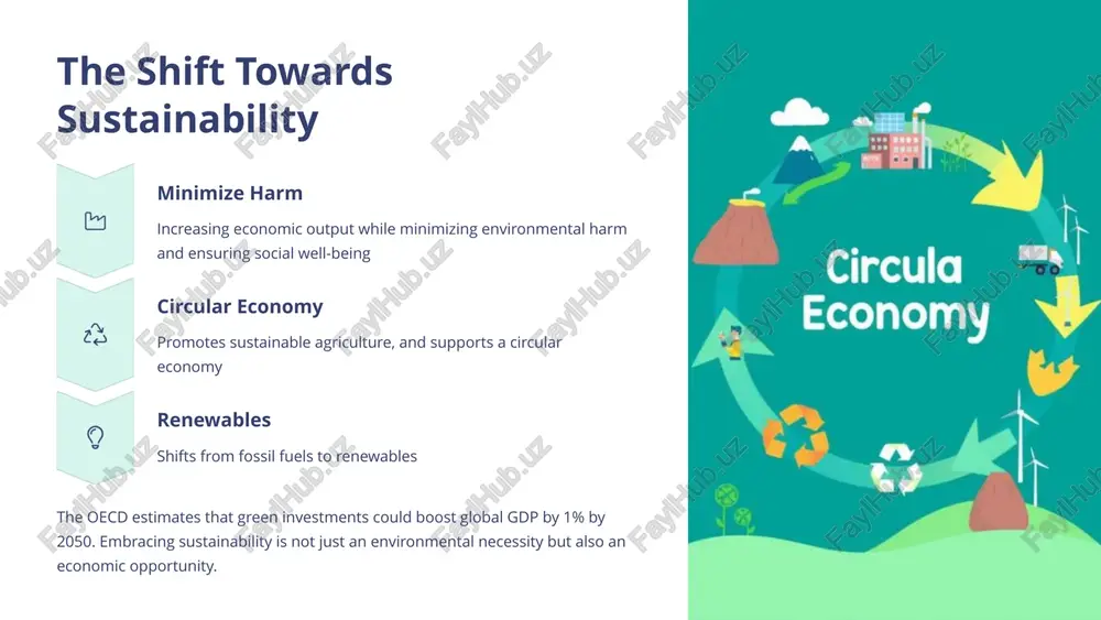 hroughs will also be essential for overcoming these obstacles and realizing the full potential of green growth. 7 the roles we play businesses invest in energy-efficient production and low-carbon technologies 1 governments implement carbon pricing, subsidies, and strict regulations 2 public-private fund research and infrastructure 3 international paris agreement and eu green deal drive policies 4 achieving green growth requires collaboration across all sectors. governments must create supportive policies, businesses need to innovate and invest sustainably, and international cooperation is essential for global progress. 8 case study: uzbekistan’s green economy initiatives renewable energy plans to reach 25% capacity by 2030 with 5 gw solar & 3 gw wind carbon reduction goal to cut emissions by 35% by 2030 water management sustainable farming to address water scarcity uzbekistan's initiatives showcase the potential for developing countries to embrace green growth. by prioritizing renewable energy, carbon reduction, and sustainable water management, uzbekistan is …