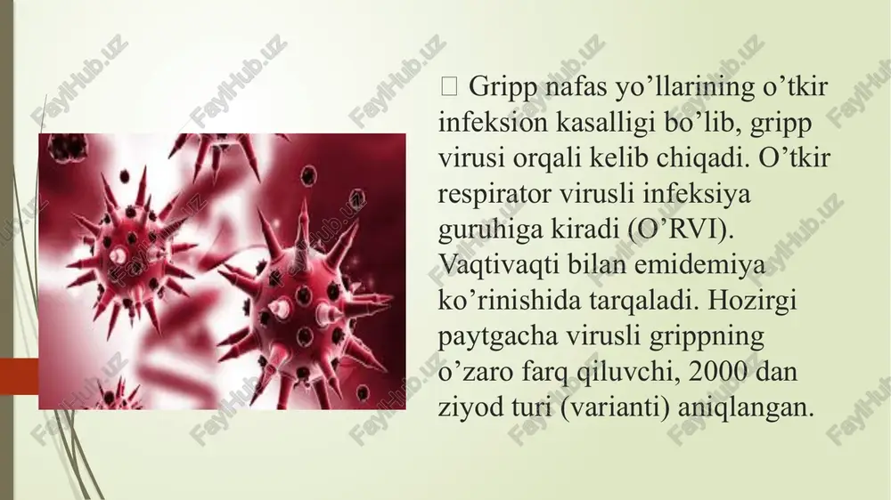t, undevit kabi polevitaminlardan 1-2dona ichishi;  uyushgan jamoalarda (maktab, bog’cha, konsert zallari, kinoteatr, umumiy transport vositalari) 4 qavatli dokadan tikilgan niqob taqib yurish tavsiya qilinadi;  kuz oylarida tibbiyot muassasalarida grippga qarshi emlash o’tkaziladi image1.jpeg image2.jpeg image3.jpeg image4.jpeg image5.jpeg image6.jpeg /docprops/thumbnail.jpeg mustaqil ish mayzu: gripp