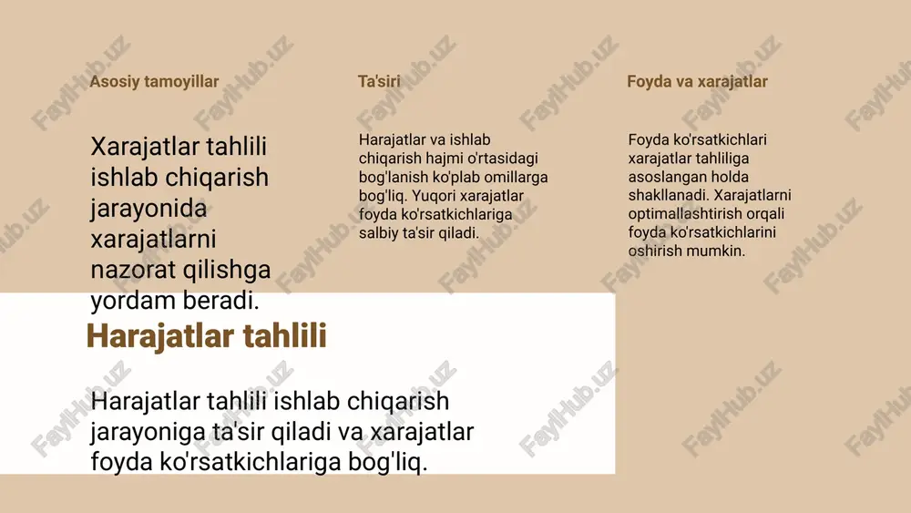 i texnologiyalarni joriy etish orqali ishlab chiqarishni 25% oshirdi va bu ularning foydasini sezilarli darajada oshirdi. swot tahlil kuchli tomonlar: yuqori ishlab chiqarish hajmi, raqobatbardosh narxlar; zaif tomonlar: yuqori xarajatlar, resurslar cheklanishi; imkoniyatlar: yangi bozorlar, texnologik innovatsiyalar; tahdidlar: raqobatchi kompaniyalar, iqtisodiy inqiroz. natijalar ishlab chiqarish hajmi va foyda ko'rsatkichlari o'rtasidagi o'zaro bog'lanishni tushunish, kompaniyalarga o'z strategiyalarini optimallashtirishda va raqobatbardoshligini oshirishda muhimdir. ishlab chiqarish hajmi va foyda tahlili ushbu slaydda ishlab chiqarish hajmi va foyda ko'rsatkichlari o'rtasidagi munosabatlar tahlil qilinadi. o'zaro bog'lanish, misollar va swot tahlil orqali ko'rsatiladi. ishlab chiqarish hajmi va foyda strategiyalari samaradorlikni oshirish usullari ishlab chiqarish hajmini optimallashtirish uchun samaradorlikni oshirish usullari quyidagilardan iborat: jarayonlarni avtomatlashtirish, resurslarni oqilona taqsimlash, xodimlarni malakasini oshirish va sifatni nazorat qilish. ushbu usullar ishlab chiqarish jarayonlarini samarali olib borishga yordam beradi va natijada foyda ko'rsatkichlarini yaxshilaydi. muvaffaqiyatli kompaniyalar tajribasi muvaffaqiyatli kompaniyalar, masalan, toyota va samsung, ishlab chiqarish hajmini oshirishda samaradorlikni oshirish strategiyalarini qo'llaydi. …