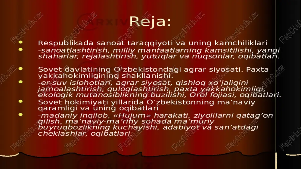 ning kamsitilishi, yangi shaharlar, rejalashtirish, yutuglar va nuqsonlar, oqibatlary. sovet davlatining o’zbekistondagi agrar siyosati. paxta yakkahokimligining shakllanishi. -er-suv islohotlari, agrar siyosat, qishlog xo’jaligini jamoalashtirish, quloglashtirish, paxta yakkahokimligi, ekologik mutanosiblikning buzilishi, orol fojiasi, oqibatlari. sovet hokimiyati yillarida o’zbekistonning ma’naviy qaramligi va uning ogibatlari -madaniy inqgilob, beep harakati, ziyolilarni qatag’on gilish, ma’naviy-ma‘rifiy sohada ma’muriy buyrugbozlikning kuchayishi, adabiyot va san’atdagi cheklashlar, oqibatlari. /docprops/thumbnail.jpeg ey | | eere peer ae