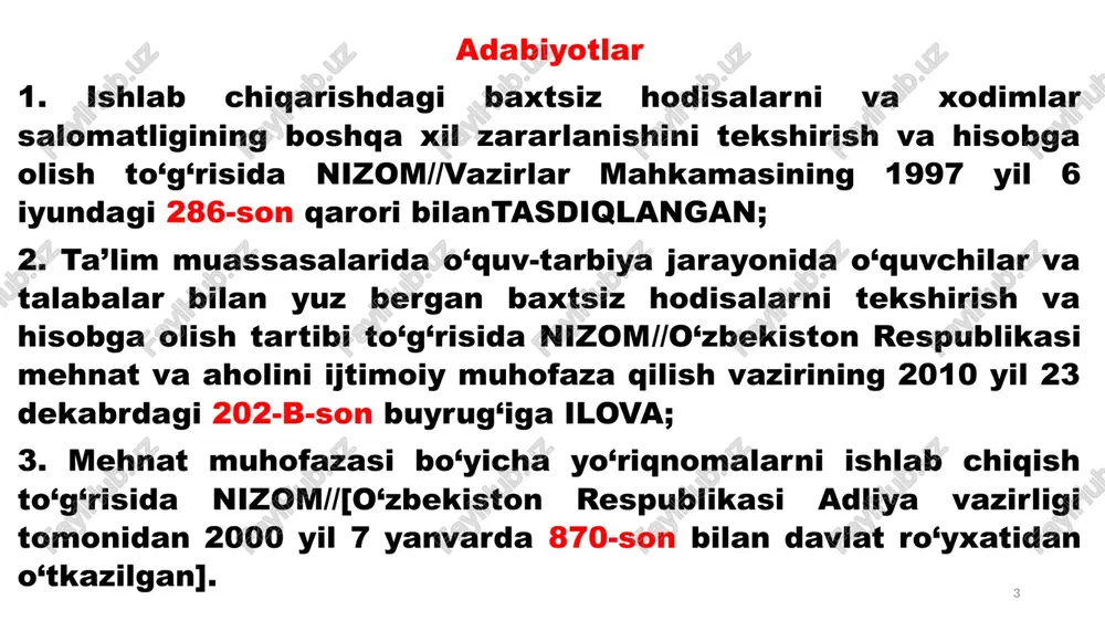 lablari 3. ishlarni boshlasholdingi xavfsizlik talablari 4. ishlash paytidagi xavfsizlik talablari 5. avariya vaziyatlaridagi xavfsizlik talablari 6. ishlarni tugatgandan keying xavfsizlik talablari o‘zbekiston respublikasi bandlik va mehnat munosabatlari vazirligini davlat mehnat inspeksiyasi; davlat energiya nazorat inspeksiyasi; davlat yong’in nazorat inspeksiyasi. 14 o‘zbekiston respublikasi vazirlar mahkamasi huzuridagi yer qa’rini geologik o‘rganish, sanoatda, konchilikda va kommunal-maishiy sektorda ishlarning bexatar olib borilishini nazorat qilish davlat inspeksiyasi va uning mintaqaviy inspeksiyalari negizida o‘zbekiston respublikasi sanoat xavfsizligi davlat qo‘mitasi va uning hududiy boshqarmalari tashkil etilsin. (o‘zbekiston respublikasi prezidentining 2018 yil 12 dekabrdagi pf-5594-son farmon) 15 o‘zbekiston respublikasi sanoat xavfsizligi davlat qo‘mitasining yer qa’rini geologik o‘rganish, sanoatda, konchilikda va kommunal-maishiy sektorda ishlarning bexatar olib borilishini nazorat qilish tarmoq inspeksiyalari: temir yo‘l transportida xavfli yuklarni tashish sharoitlarini nazorat qilish inspeksiyasi; ko‘mir, kon-ruda va noruda sanoatini nazorat qilish hamda geologiya-marksheyderlik nazorati inspeksiyasi; gaz xo‘jaligidan xavfsiz foydalanishni nazorat qilish inspeksiyasi; atomni nazorat qilish inspeksiyasi ; bug‘ qozonlarini va ko‘tarish …
