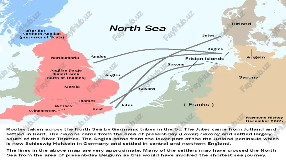 island its irish name oileán cholm cille ‘island of colmcille’. st. augustine canterbury cathedral distribution of the germanic tribes the germanic tribes in england show a characteristic distribution almost from the very beginning. the jutes, according to legend led by the brothers hengest and horsa (both words mean ‘horse’), settled in kent (the name is celtic) probably having made their way via the coast of present-day belgium. the saxons settled in the remaining area south of the thames and on the isle of wight. they were to remain there and found a kingdom which obtained practical sovereignty over england in the late old english period and which was known then as west saxony from which the name wessex is derived (the same holds for sussex and essex). north of the thames the angles settled. this large area can be further subdivided. north of the humber was a region which represented …