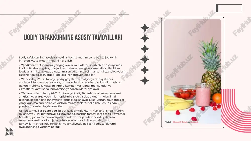 lishiga yordam beradi. - resurslar: ijodiy jarayonlar uchun zarur bo'lgan materiallar va vositalar, tadqiqotlar va innovatsiyalarni rivojlantirishda muhim ahamiyatga ega. - qaror qabul qilish: ijodiy yechimlarni ishlab chiqish jarayonida mantiqiy va ijodiy yondashuvlarni birlashtirish zarur, bu esa samarali qarorlar qabul qilishda yordam beradi. photo by element5 digital on unsplash ijodiy fikrlashni rivojlantirish amaliyot: ijodiy mashg'ulotlar ijodiy fikrlashni rivojlantirishda ijodiy mashg'ulotlar va treninglar muhim rol o'ynaydi. ushbu mashg'ulotlar ishtirokchilarga yangi fikrlarni keltirish va ijodiy jarayonlarni qo'llab-quvvatlash imkonini beradi. bu jarayonlar o'z-o'zini ifodalash va innovatsion yechimlar yaratishga yordam beradi. o'z-o'zini rivojlantirish: shaxsiy o'sish o'z-o'zini rivojlantirish ijodiy fikrlashning muhim jihatidir. shaxsiy o'sish, yangi bilimlarni o'rganish va tajriba orttirish orqali ijodiy qobiliyatlarni oshirish mumkin. o'z-o'zini rivojlantirish jarayonida kitoblar o'qish, seminarlar va treninglarda ishtirok etish foydalidir. o'lchov: ijodiy natijalarni baholash ijodiy natijalarni baholash uchun aniq o'lchov usullarini ishlab chiqish zarur. bu natijalarni baholashda ijodiy loyihalar, g'oyalar va yondashuvlar muvaffaqiyatini aniqlashga yordam beradi. baholash jarayoni ijodiy …