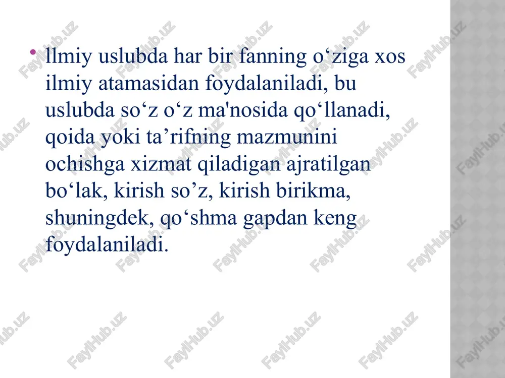 . masalan, kengaytirilgan annotatsiya tipidagi taqrizda asar haqida bibliografik ma’lumot beriladi. tanqidiy yoki publitsistik maqola taqrizlarida konkret asar munosabati bilan biron muhim masala haqida fikr yuritiladi. taqriz yozishda quyidagi tartibda ishlash tavsiya qilinadi: 1.taqriz yoziladigan matn (kitob, asar, maqola, ilmiy ish va h.k.)ni o‘qib chiqing. 2.matnni o‘qishdan olgan taassurotlaringizni yozib boring. 3.taqrizingiz qanday savolga javob bo‘lishi kerakligini aniqlab oling. 4.taqriz hajmini aniqlab oling. 5.taqrizning kirish qismiga asar (ish) nomi, muallifning ism-sharifini yozing. 6.asar (ish) haqida umumiy ma’lumotlar keltiring. 7.asar (ish)ning asosiy qismlari bo‘yicha xulosalaringizni ifodalang. 8.asar (ish) bo‘yicha umumiy xulosani shakllantiring. 9.taqriz yakunida muallif sifatida o‘zingiz haqingizdagi ma’lumotlarni ko‘rsating. termiz davlat universiteti tabiiy fanlar fakulteti “biologiya o‘qitish metodikasi” yo‘nalishi iv kurs talabasi vohidova gulnora abrorovnaning “qushlar sinfi” mavzusini o‘qitishda axborot texnologiyalaridan foydalanish” mavzusidagi bitiruv malakaviy ishiga taqriz bugungi kunda biologiya o‘qitish metodikasining dolzarb muammolaridan biri fanni o‘qitishda axborot texnologiyalari yordamida ta’lim samaradorligini oshirish, umumta’lim maktablari o‘quvchilarini davlat ta’lim standartlarida me’yorlangan …