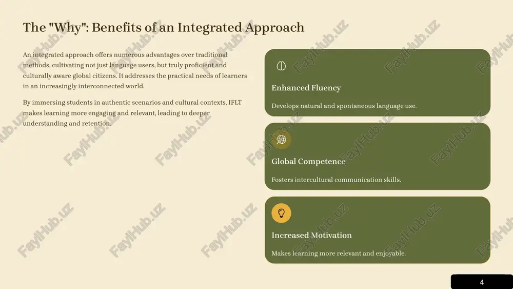 meaningful tasks, naturally using language for a purpose. content and language integrated learning (clil) teaching subject matter through the foreign language, integrating content and language. project-based learning (pbl) learners engage in extended projects, fostering research and collaborative skills. 9 8 assessing progress in integrated courses assessment in iflt goes beyond traditional tests, evaluating not just linguistic knowledge but also communicative and intercultural competence. authentic tasks evaluating language use in real-world simulations like role-plays, presentations, or debates. portfolio assessment collecting student work over time to show growth in all skill areas. self & peer assessment encouraging students to reflect on their own learning and provide feedback to peers. formative feedback providing continuous, constructive feedback to guide learning rather than just grading. 10 9 key takeaways & future directions integrated foreign language teaching offers a dynamic and effective path to language acquisition. by aligning subject matter, goals, and objectives, we can cultivate …