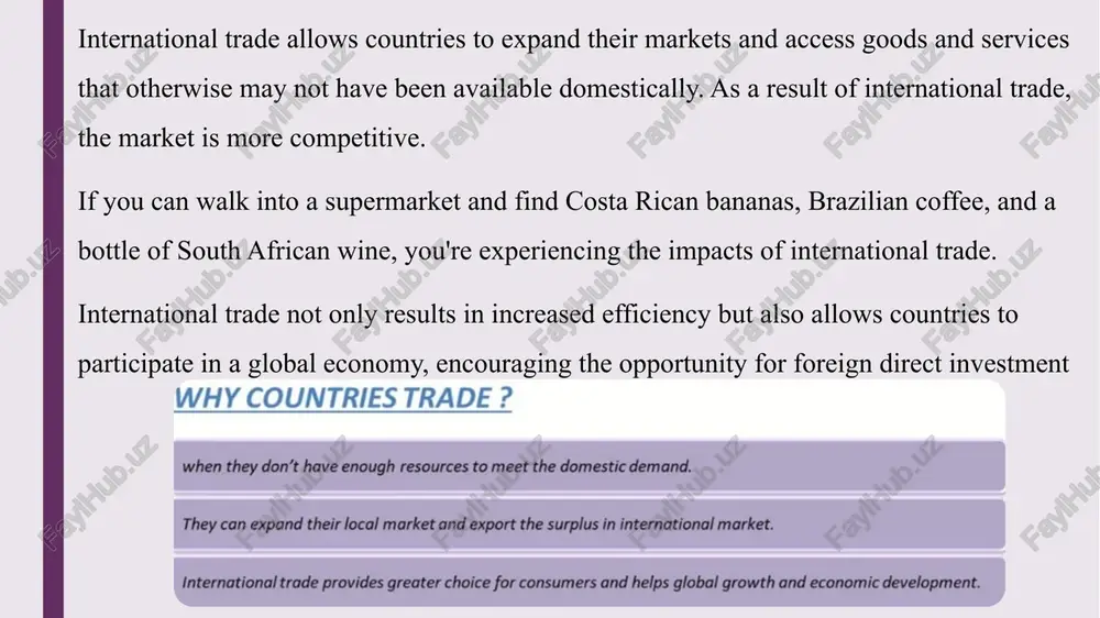 e in driving economic growth by enabling countries to specialize in their comparative advantages, access a wider variety of goods and services, and foster innovation through competition. trade encourages investment, increases efficiency, and contributes to higher gdp growth.however, trade barriers such as tariffs, quotas, and non-tariff restrictions can slow economic expansion by limiting market access, raising costs for consumers and businesses, and reducing global competitiveness. image1.jpeg image2.jpeg image3.jpeg image4.png image5.jpeg image6.jpeg image7.jpeg why countries trade ? 3 ~ sai se 3qvuy.l twnoilvnyalni barriers al content} product & testing | controls on currency | embargoes. boeain administrative works three types of international trade: © export trade: the outflow of goods and services out of the country. © import trade: the inflow of goods and services into the country. © entrepot trade: & importing of goods or services for re-export after some processing operations. (singapore) ie 1 ca international /docprops/thumbnail.jpeg international trade …