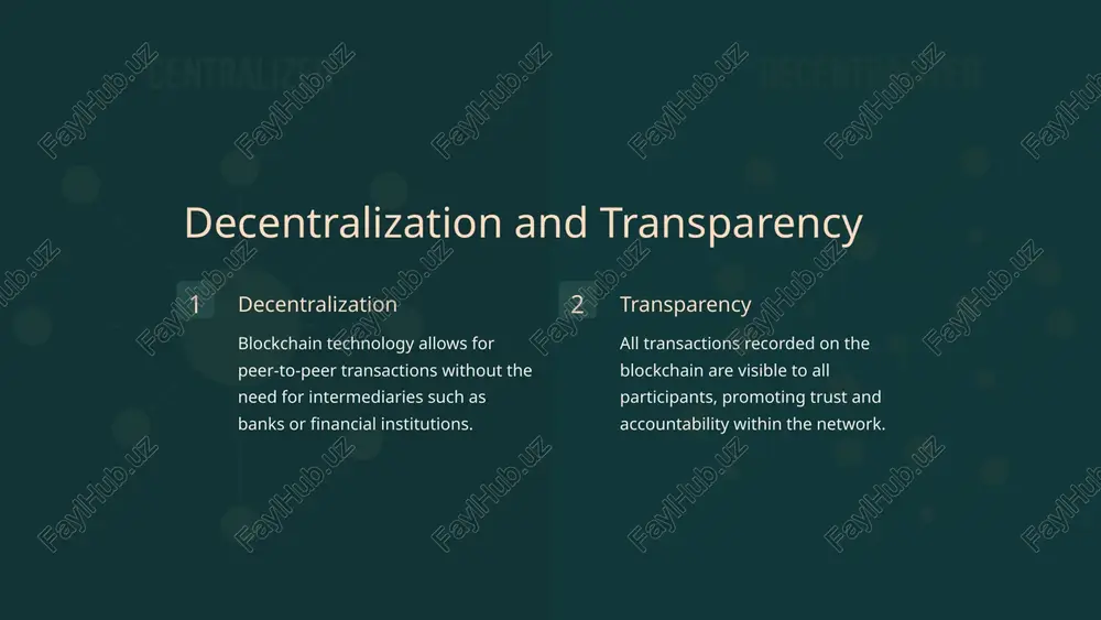 icity of products. financial services blockchain facilitates secure and efficient cross-border payments, reducing processing delays and transaction costs. healthcare data security blockchain ensures the integrity and privacy of medical records, improving data accuracy and patient confidentiality. smart contracts automated and self-executing contracts on the blockchain streamline processes and reduce the need for intermediaries. 10 image1.jpeg image2.png image3.jpeg image4.png image5.jpeg image6.jpeg image7.jpeg image8.jpeg 4 made with gamma centralized decentralized lwo the transaction is then transmitted to a network of peer-to-peer computers scattered across the world. these blocks are then chained together creating a long history of all transactions that are permanent. ckchain and the ret of scalability issues : oe ,}e in in energy | a consolidated market dominated by few players key players accenture