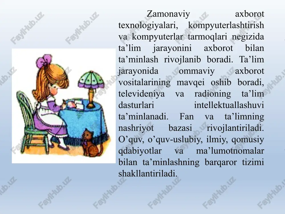 mahorat, san’at; “logos” tushuncha, ta’limot, musyyan jarayonlarning mahorat, san’at darajasida tashkil etilishi ta’lim texnologiyasi “an educational technology” ta’lim jarayonining yuksak mahorat, san’at darajasida tashkil etilishi interfaol ta’lim –”inter” o’zaro, “act| harakat qilmoq o’qituvchining kompetensiya piramidasi motiv xulq-atvor munosabat malaka bilim interfaol metodlar - bu jamoa bo`lib fikrlash deb yuritiladi, ya’ni pedagogik ta’sir etish usullari bo`lib, ta’lim mazmunining tarkibiy qismi hisoblanadi. bu metodlarning o`ziga xosligi shundaki, ular faqat pedagog va o`quvchi-talabalarning birgalikda faoliyat ko`rsatishi orqali amalga oshiriladi. a.i.prigojin, b.v.sazonov, v.s.tolstoy, a.g.kruglikov innovatsion jarayonlarni o’rganganlar interfaol ta’limning ,,axborot kommunikatsion’’ texnologiyalardan foydalanib o’qituvchilar tomonidan mustaqil ravishda yoki o’qituvchi raxbarligida bilim, ko’nikma, malakalarini shakllantirish. interfaol ta’limning ,,axborot kommunikatsion’’ texnologiyalardan foydalanib o’qituvchilar tomonidan mustaqil ravishda yoki o’qituvchi raxbarligida bilim, ko’nikma, malakalarini shakllantirish. hozirgi kunda ta’lim jarayonida interfaol metodlar, innovatsion texnologiyalar, pedagogik va axborot texnologiyalarini o`quv jarayonida qo`llashga bo`lgan qiziqish, e’tibor kundan-kunga kuchayib bormoqda, bunday bo`lishining sabablaridan biri, shu vaqtgacha an’anaviy ta’limda o`quvchi-talabalarni faqat tayyor bilimlarni …