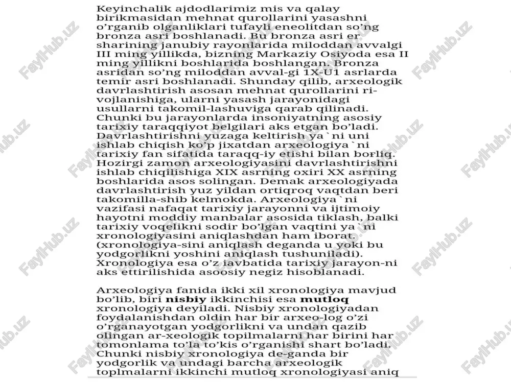 yodgorlikni ashyolari bilan qiyoslab o’rganish uchun birinchi navbatda u 0’z ashyolarini ikir- chikirigacha ya “ni ularni soni, xajmi, texnikasi, ishlov be-rish usuli, u yoki bu mehnat qurolini yasashda qanday xom ashyolardan foydalanganligi va boshqalarini o’rganishi shart bo’ladi. ikkinchi navbatda arxeolog qiyoslanishi ko’zda tu-tilgan boshqa yodgorlikni va undagi arxeologik ashyolarni xuddi o’zini ashyolarini o’rganganidek sinchikovlik bilan ku-zatadi. shundagina arxeolog har ikki yodgorlikdagi farq-larni, o’xshashliklarni ajrata oladi va 0’z xulosasiga ko’ra 0’z o’rganayotgan yodgorlikni yoshini taxminiy aniqlaydi. am-mo bu taxminiy yoshini aniqlash yuqoridagi harakatlar tu-fayli xaqiqatga ancha yaqin bo’ladi. har bir arxeolog o’zi o’rganayotgan yodgorlikni, undagi arxeologik ashyolarni mut-loqg xoronologiyasini aniqlashni istaydi. ana shu istak amalga oshgan taqdirda, o’z ashyolari xaqida taxminiy emas balki aniq fikrlarni bayon etish imkoniga ega bo’ladi. ar-xeologik yodgroliklarni, ulardagi ashyolar yirindisini, xat-to qaysi madaniyatga mansubligini aniqlashda mutlog xronologiya “ni ahamiyati beqiyosdir. mutlog xronologiyani aniqlashda arxeologiya va tabiiy fanlarni o’.ziga xos uslublari bor. agar u yoki bu yodgorlikni …