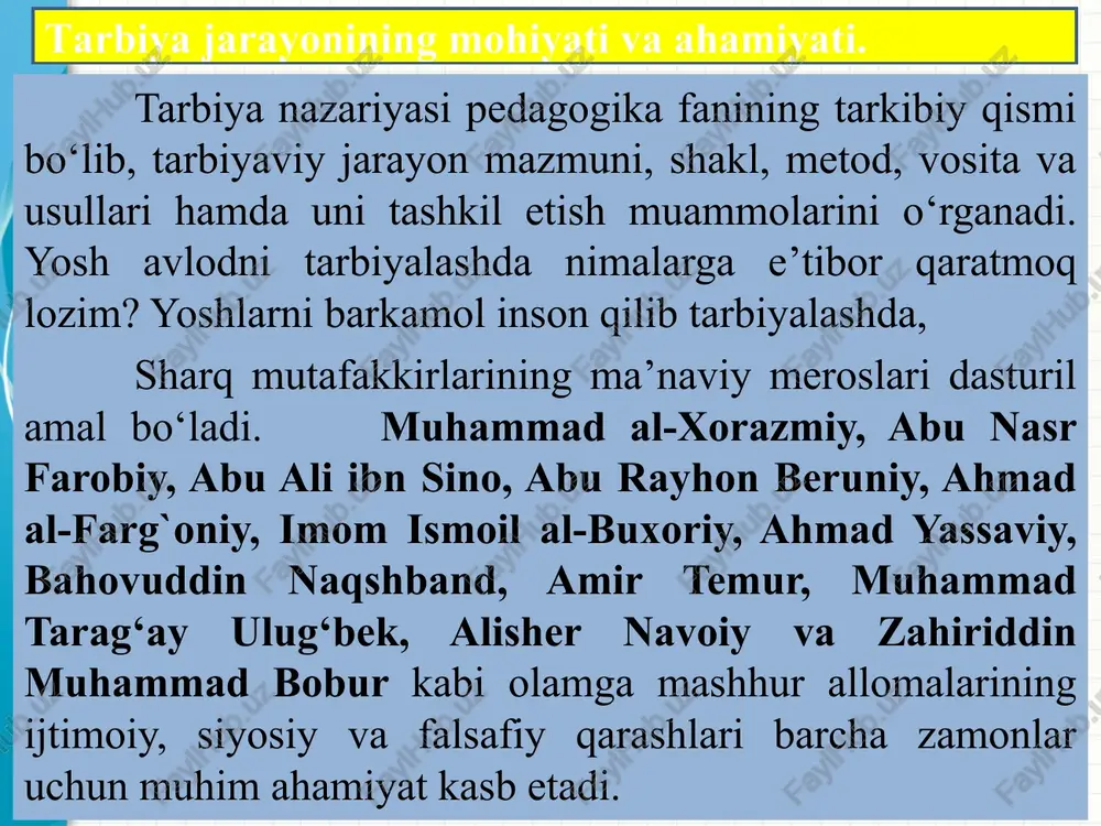 lantirish. tarbiya mazmuni tarbiya mazmuni deganda, qo’yilgan maqsad va vazifalar bilan bog’liqlikda ta’lim oluvchilarning egallashi lozim bo’lgan bilim, malaka, e’tiqod, shaxs sifati va xarakteri, xulq-atvor tizimi tushuniladi. 2-ilova tarbiya pedagogikadagi asosiy tushunchalardan biri sanaladi. jamiyat va pedagogikaning tarixiy rivoji davomida mazkur kategoriyani tushuntirishga turlicha yondashuvlar yuzaga keldi. eng avvalo, yuqorida keng va tor ma’nodagi tarbiya farqlanadi. 5-ilova tarbiyaning umumiy vazifalari: jamiyat a’zolarining maqsadga yo’naltirilgan rivojlanishi hamda ularning qator ehtiyojlarini qondirish uchun shart-sharoit yaratish; madaniyatlarni uzatib turish orqali ijtimoiy hayotning barqarorligini ta’minlash; jamiyat rivoji uchun zarur bo’lgan ijtimoiy madaniyatga mos etarlicha hajmdagi “inson kapitali”ni tayyorlash; ma’lum jins yoshi va ijtimoiy-kasbiy guruhlarning qiziqishlarini hisobga olgan holda ijtimoiy munosabatlar doirasida jamiyat a’zolarining harakatini tartibga solish. natijalarning oldindan aniqlanmasligi; ikki tomonlamalilik; tarbiya jarayoni o’qituvchi va ta’lim oluvchi (tarbiyachi va tarbiyalanuvchi)lar o’rtasida tashkil etiluvchi hamda aniq maqsadga yo’naltirilgan hamkorlik jarayonidir. tarbiya jarayoni o’ziga xos xususiyatlarga ega: maqsadga yo’naltirilganligi; ko’p qirrali jarayon; uzoq muddat davom etishi; …