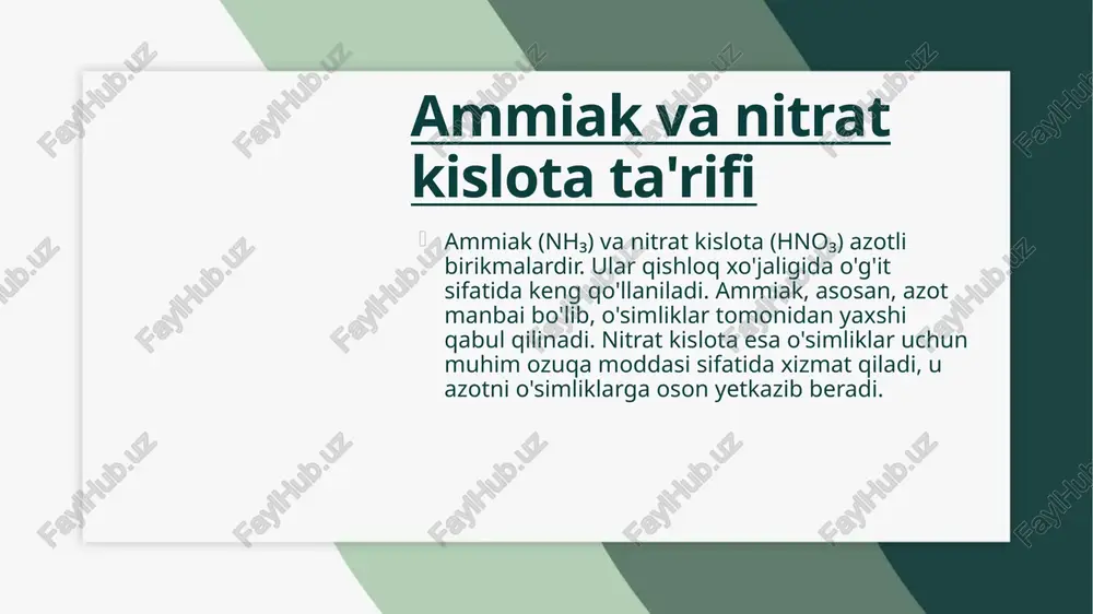 q moddalar bo'lib, ularning rivojlanishi va mahsuldorligini oshirishda katta rol o'ynaydi. ular ko'plab turlarga ega, jumladan, kaliy xlorid, kaliy sulfat va kaliy nitrat. har bir tur o'zining xususiyatlari va qo'llanilishiga ega bo'lib, turli o'simliklar va tuproqlarga mos keladi. kaliyli o'g'itlarning qo'llanilishi kaliyli o'g'itlar, asosan, o'simliklarning stressga chidamliligini oshirish va ularning sog'lom o'sishini ta'minlash uchun ishlatiladi. ular tuproqdagi suv muvozanatini yaxshilaydi va o'simliklarning oziq moddalarga bo'lgan talabini qondiradi. kaliyli o'g'itlar va ularning afzalliklari kaliyli o'g'itlar, shuningdek, tuproqning ph darajasini muvozanatlashda yordam beradi, bu esa o'simliklar uchun qulay sharoitlar yaratadi. shuningdek, kaliyli o'g'itlar tuproqning kimyoviy tarkibini yaxshilaydi, bu esa o'simliklar uchun zarur bo'lgan boshqa oziq moddalarni so'rashga yordam beradi. kaliyli o'g'itlar, o'simliklarning meva va sabzavotlarining sifatini oshirishda muhim ahamiyatga ega. ular o'simliklarning o'sish jarayonlarini tezlashtiradi va ularning sog'lig'ini yaxshilaydi. ammiak ishlab chiqarish jarayoni ammiak ishlab chiqarish jarayoni, asosan, haber-bosch jarayoni orqali amalga oshiriladi. bu jarayonda azot va vodorod gazlari yuqori bosim va …