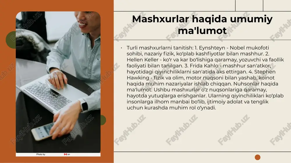 masalan, j.k. rowling, o'zining 'harry potter' seriyasini yozishdan avval ko'plab muvaffaqiyatsizliklarga duch kelgan. u har doim o'z maqsadiga intilib, qiyinchiliklarni yengib o'tdi. bu kabi misollar, muvaffaqiyatga erishish uchun qat'iyat va mehnatning ahamiyatini ko'rsatadi. mashxurlar hayotidagi qiyinchiliklar mashhurlar, hayotning turli jabhalarida, ko'plab qiyinchiliklarga duch kelishadi. ularning qiyinchiliklari, ko'pincha, jismoniy imkoniyatlar bilan bog'liq bo'ladi va bu holatlar ko'plab insonlar tomonidan kutiladi. misol uchun, stephen hawking o'zining jismoniy cheklovlariga qaramay, koinotning sirlarini o'rganishda buyuk muvaffaqiyatlarga erishdi; frida kahlo esa o'zining og'riqli tajribalari orqali san'atni yanada chuqurroq anglashga erishdi. ushbu mashhurlar o'z qiyinchiliklari bilan kurashishda motivatsiyani qanday topishadi? ular o'z kuchlarini va ijtimoiy qo'llab-quvvatlashni topib, hayotning qiyinchiliklariga qarshi turishadi. photo by noaa on unsplash ijtimoiy hayotda mashxurlar roli mashxurlar ijtimoiy hayotda muhim rol o'ynaydi. ular nafaqat ommaviy madaniyatning timsoli, balki ijtimoiy norm va qadriyatlarni shakllantiruvchi kuchdir. mashxurlar o'zlarining amalga oshirayotgan ishlarida va ijtimoiy faoliyatlarida ko'plab insonlarga ilhom beradi, bu esa jamiyatdagi o'zgarishlarga olib keladi. …