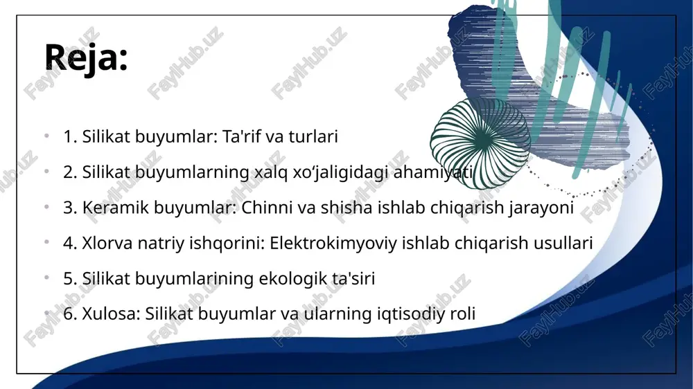 ayonlar, sifatli va estetik mahsulotlar yaratishda muhimdir. keramik buyumlarning ishlab chiqarish jarayoni chinni va shisha ishlab chiqarish jarayonida bir nechta muhim bosqichlar mavjud. birinchi navbatda, xom ashyo tayyorlanadi, so‘ngra eritish va pishirish jarayonlari amalga oshiriladi. natijada, yuqori sifatli keramik buyumlar olinadi. ushbu jarayonlar, zamonaviy texnologiyalar yordamida yanada takomillashmoqda. sanoatdagi roli va ahamiyati bundan tashqari, keramik buyumlar, madaniy merosni saqlash va rivojlantirishda ham muhim rol o‘ynaydi. ular milliy an’analarning davomiyligini ta’minlaydi va san’at asarlarini yaratishda ilhom manbai bo‘ladi. shuningdek, keramik buyumlar ekologik jihatdan ham foydali hisoblanadi. ular qayta ishlanadigan materiallardan tayyorlanishi mumkin, bu esa atrof-muhitga zarar yetkazmaslikka yordam beradi. keramik buyumlar, iqtisodiy rivojlanishda muhim ahamiyatga ega. ular qurilish, san’at va kundalik hayotda keng qo‘llaniladi. sanoat sohasida, chinni va shisha mahsulotlari yuqori talabga ega. xlorva natriy ishqorini ahamiyati elektrokimyoviy ishlab chiqarish jarayoni xlorva natriy ishqorini ishlab chiqarish xlorva natriy ishqorini elektrokimyoviy usulda ishlab chiqarish, kimyo sanoatida muhim rol o'ynaydi. bu jarayon, natriy …