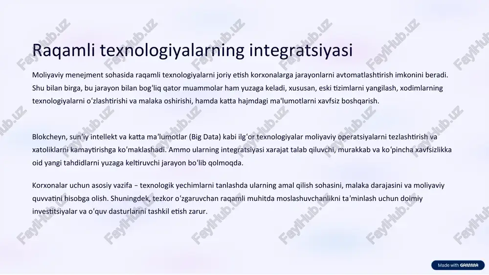 zilishi muhim ahamiyat kasb etmoqda. investitsiyalarni boshqarish strategiyalari korxonalarda moliyaviy barqarorlikni ta’minlash uchun investitsiyalarni samarali boshqarish muhim o‘rin tutadi. bugungi kunda diversifikatsiya, rentabellik va xavfni baholash investitsion strategiyalarda asosiy omillar hisoblanadi. korxonalar kapitalni yangi loyihalarga, innovatsiyalarga yoki mavjud biznesni kengaytirishga sarflashda ehtiyotkorlik bilan harakat qilishlari kerak. strategiyalarni shakllantirish jarayonida investitsiya portfelining tarkibi va foyda olish muddati tahlil qilinadi. shuningdek, davlat siyosatlari, qonunchilik normalari va bozor sharoitlari investitsiya qarorlariga ta’sir ko‘rsatadi. korxonalar uchun moliyaviy nazorat va monitoring tizimlarini takomillashtirish muhimdir. shuningdek, investitsiyalarni boshqarishda malakali jamoa tuzish, zamonaviy analitik vositalardan foydalanish va real vaqt rejimida axborot olish imkoniyatlarini kengaytirish lozim. bu esa investitsiya samaradorligini oshirishga ko‘mak beradi. risklarni baholash va mitigatsiya moliyaviy menejmentda risklarni to‘g‘ri baholash va ularni kamaytirish mexanizmlari korxonaning moliyaviy xavfsizligi va barqarorligini ta’minlashda hal qiluvchi ahamiyatga ega. risklarni aniqlash, tahlil qilish va kuzatish jarayoni ko‘plab sohalarni o‘z ichiga oladi – bozor, kredit, likvidlik, operatsion va strategik risklar. korxonalarda risklarni …