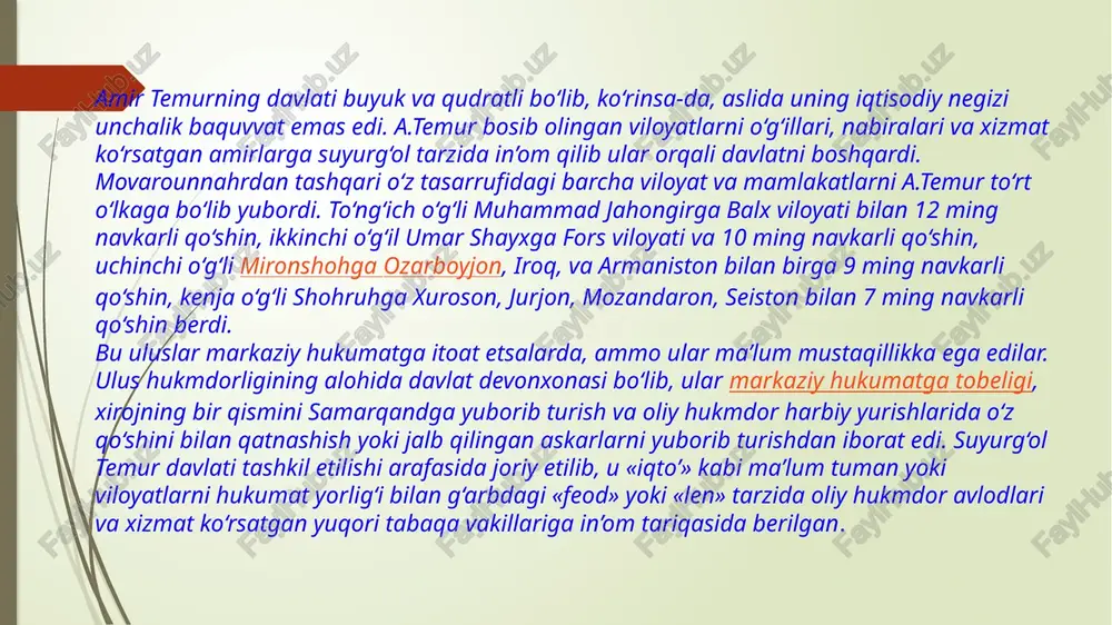 tadbirlarni amalga oshirdi. samarqand, shahrisabz va boshqa shaharu tumanlarda o‘nlab kanallar, ariqlar qazdirdi, daraxtzorlar, ekinzorlar, bog‘-rog‘lar gullab yashnab to‘kin - sochinlik hayoti yuzaga keldi. xorijdan kelgan sayyohlar, elchilar mamlakat go‘zalligi va farovonligidan hayratga tushdilar. bunday tadbirlar nafaqat bizning yurtda, balki tashqi mamlakat va makonlarda ham amalga oshirilganini alohida takidlash lozim hofizu abruning guvohlik berishicha a.temur xurosondagi murg‘ob daryosi (hozirda afg‘oniston va turkmaniston hududlaridan oqadigan daryo) vodiysida obodonchilik va dehqonchilik xarob ahvolga tushib qolganini ko‘rib daryodan yigirmata kanal qazib suv chiqarishni buyuradi. shu tariqa deb yozadi tarixchi, vodiyda bunyodkorlik va dehqonchilik sohalariga asos solindi. bu kanallar dilkusho, ganjravon, darband, ganjxona, umar tobon, oqbug‘o, qutlug‘-xotun, shayx abu said, shayx ali, davlatshoh jondor, guli mog‘on, qilqamur, (qutlug‘ temur), hasan jondor, amir alovuddin, sunjadak, navro‘z, navbaxton, menglixoja, kepakchi va ali malik kanallari. yuqorida tilga olingan qutlug‘-xotun kanali aftidan a.temurning opasi qutlug‘ turkon og‘o nomiga berilgan bo‘lishi mumkin. a.temurning ozarboyjonda ham suniy sug‘orish ishlariga ahamiyat …