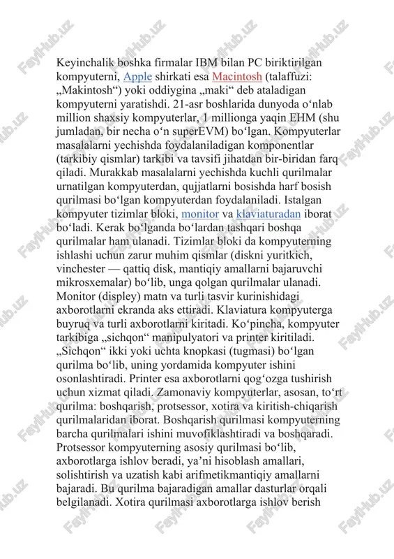 q maqsad yoʻlida qayta ishlay olishiga, inson faoliyatining turli sohalarida ishlab chiqarishni tubdan oʻzgartirishga, kishilarning ishini osonlashtirishga imkon beradi. ob-havoni oldindan aytib berishda meteostyalar va sunʼiy yoʻldoshlardan keladigan axborotlarni yigʻib va tahlil qilib, juda katta hisoblash ishlarini bajaradi va inson uchun qulay boʻlgan shaklda ifodalaydi (qarang: intranet, internet, kompyuter tarmogʻi). kompyuterlarning rivojlanish tarixi - birinchi kompyuterlardan zamonaviy shaxsiy kompyuterlargacha. dunyoda birinchi kompyuter paydo bo'lganda kompyuter davri bizning hayotimizga nisbatan yaqinda kirib keldi. taxminan 100 yil oldin, odamlar kompyuter nima ekanligini bilishmagan, garchi uning eng uzoq o'tmishdoshi abak miloddan avvalgi 3000 -yillarda qadimgi bobilda paydo bo'lgan. birinchi raqamli hisoblash mashinasini ixtiro qilgan birinchi odam 1642 yilda blez paskal edi. hammasi shu kashfiyotdan boshlandi ... geometrik progressiyada insoniyat kompyuter davriga intildi, tobora murakkab funktsiyalarni bajaradigan kompyuterlarni yaratdi. va 1938 yilda birinchi prototip mexanik dasturlashtiriladigan z1 mashinasi yaratildi, uning asosida 1941 yilda o'sha odam zamonaviy kompyuterning barcha xususiyatlariga ega bo'lgan z3 birinchi hisoblash …