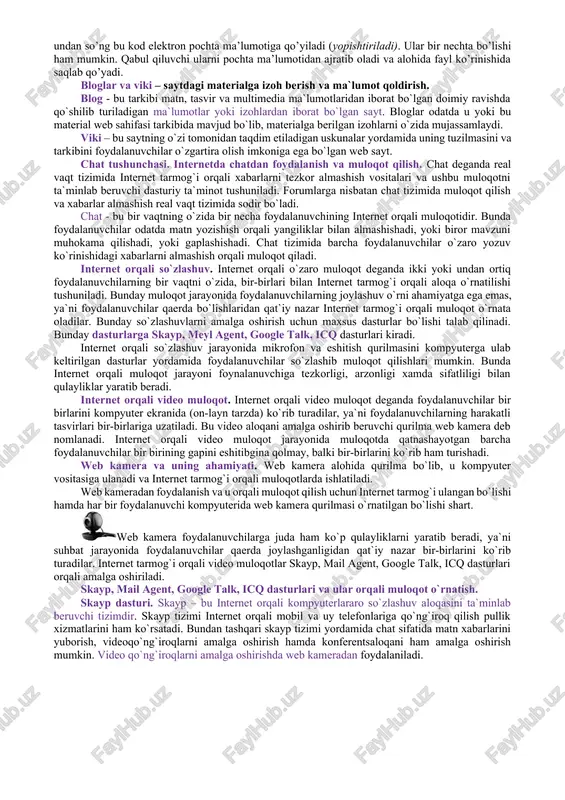 k, · rasm, · ovoz va · video ma`lumotlar. yuborilishi rehalashtirilayotgan ma`lumotlarning hajmi bo`yicha ham chegaralanish mavjud. har bir pochta provayderi o`zining siyosatiga ega bo`lib bitta xabarning 2,5,10 mb hajmgacha bo`lgan xabarlarni yuborishni ta`minlaydi. agarda bu hajm oshib ketsa katta hajmdagi xabarlarni “rar” yoki “zip” dasturlari yordamida arxivlab yuborish tavsiya etiladi. elektron pochta adresi adresatning «pochta qutisi»ga bo’lgan yo’lni aniqlab beruvchi yozuv bo’lib, u @ belgisi bilan ajratilgan ikki qismdan iborat bo’ladi. masalan, gulzahiraolim@gmail.com elektron pochtaning gmail.com xizmatidagi gulzahiraolim ning «pochta yashigi» dir. elektron pochta adresatsiyasi ierarxik-yo’nalishli tuzilishga ega bo’lib, elektron pochta adresi o’ngdan chapga tartibida qo’iladi. ierarxik degan so’z adresni aniqlashda adreslar tizimning yuqori bosqichidan quyisiga bir biri bilan bog’liq ravishda aniqlaniladi. masalan, .com domeniga javobgar xizmat gmail.com domeniga qanday qilib murojaat qilishni bilishi kerak. o’z navbatida gmail.com domeni xizmati o’z ichidagi adreslarni bilishi kerak, ya’ni, u qanday qilib gulzahiraolim ning pochta qutisiga murojaat qilishni bilishi shart. yo’nalishli degani …