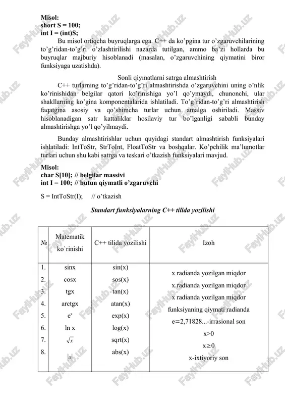 oh 1. 2. 3. 4. 5. 6. 7. 8. sinx cosx tgx arctgx ex ln x sin(x) sos(x) tan(x) atan(x) exp(x) log(x) sqrt(x) abs(x) x radianda yozilgan miqdor x radianda yozilgan miqdor x radianda yozilgan miqdor funksiyaning qiymati radianda e(2,71828...-irrasional son x>0 x(0 x-ixtiyoriy son almashtirish formulalari № funksiyalar matematik shaklda yozilishi almashtirish formulalari 1. arksinus arcsinx 2. arkkosinus arccosx 3. arkkotangens arcctgx 4. pi 3.141592654... 5. kotangens ctgx 6. sekans secx 7. kosekans cosecx 8. burchak 9. radian 10. logarifm 11. giperbolik sinus shx 12. giperbolik kosinus chx 13. giperbolik tangens thx 14. arkgiperbolik sinus arcshx skipif 1 < 0 15. arkgiperbolik kosinus arcchx 16. arkgiperbolik tangens arcthx misol: bu tenglamalarning c++ tilida yozilishi quyidagicha: a) fabs(5*x-5.0008)*sqrt(pow(x,3)+5*x)+cos(pow(x,2)+0.5) b) pow(tan(sqrt(x),2))+(0,00023*pow(10,(-4)))+log15(exp(-6)+0.138)+sin(x) topshiriq: quyidagi arifmetik ifodalarni talabaning tartib raqami bo’yicha c++ tilida yozing. 1.1-jadval № arifmetik ifodalarning ko`rinishi 1. 2. 3. 4. 5. 6. 7. 8. 9. 10. 11. 12. 13. 14. …