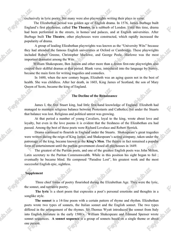 8-1603), order was restored, and england entered upon her most glorious age. elizabeth was only twenty-five when she assumed the throne, never married, and ruled wisely and well for forty-five years. interested in education, queen elizabeth established one hundred free grammar schools in all parts of the country. these schools were open to both sexes of all ranks. in 1579, gresham college was founded in london to cater to the needs of the middle class. unlike the classical curriculum offered by oxford and cambridge, its curriculum included law, medicine and other practical courses. as the children of the middle class grew better educated, the middle class itself grew in power. during elizabeth’s reign, england began to gain supremacy on the seas. the elizabethan age is an age of poetry. except perhaps for the essayist francis bacon and the critic christopher marlowe, people were not yet writing prose of literary quality. …