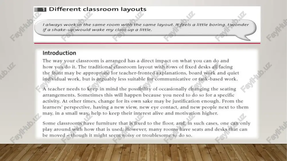 have another need for the tables, they can simply turn their chairs round and work with their backs to the teacher. 11 no tables or try working groups without any tables. you'll find that this frees up a lot of space in the room, which you can then exploit for speaking activities, games, simulations and so on 12 facing turn desks to face each other, rather than all facing the front. 13 islands group learners round tables. learners can work closely together with others, but can also get up and visit other groups without difficulty. 14 change focus for one or two lessons when you will not need to use the board much, ask the learners to move their seats (and possibly desks) to change the whole focus of the class to face the side or the back of the room. this is arguably a case of ‘change for change’s …