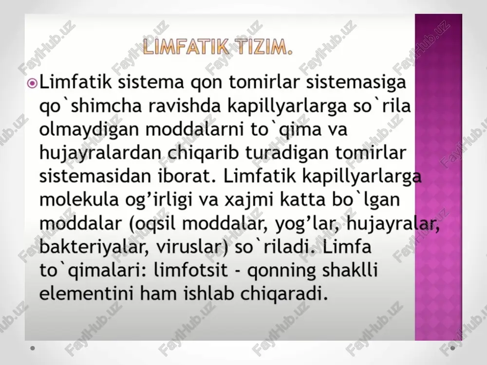 da — sut bezining atrofidagi limfa tugunlar. nodi mastoidei_ . nodi parotidei superficiales nodus jugulodigastricus bo’yinning chuqur limfa tugunlari nodus “ jugulodigastricus nodi submentales nodi submandibulares nodus juguloomohyoideus bosh va bo’yinning limfa tuguniari . occipitales . mastoidei . parotidei (superf. et prof.) nodi - faciales ym phoidei . linguales capitis . submentales - submandibulars truncus - cervicales ant. (superf. et prof.) jugularis - cervicales lat. superf. od. cervicales lat. prof. (nod. profundi super. — nod. jugulodigastricus, od. profundi infer. — nod. juguloomohyoideus) nodi ym phoidei| colli nodi lymphoidei membri superioris qo’lning limfa tugunlari . cubitales . brachiales . deltoideopectorales (nod. infraclaviculares) . interpectorales . lymphoidei axillares nod. apicales nod. humerales nod. subscapulares nod. pectorales nod. centrales truncus subclavius maxalliy limfa tugunlari nodi parotidei ; superficiales nodi mastoidei nodi occipitales nodi mastoidei_ . nodi parotidei superficiales nodus jugulodigastricus bo'yinning chuqur limfa tugunlari nodus “ jugulodigastricus nodi submentales -—* nodi submandibulares ~~ …