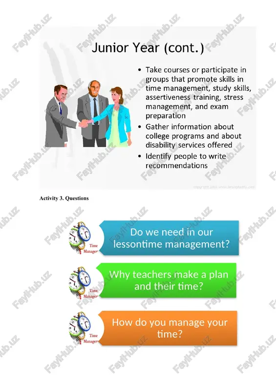 s quickly. each member is assigned a topic and then provides a summary to the group. · get exercise. eat right. get plenty of sleep. yeah, you've heard this before, but let us say it again. get exercise, eat right and get plenty of sleep. if you're not at your peak, you won't be able to focus or concentrate, nor will you have the energy or stamina to get your studies completed efficiently. going to bed an hour early, can make all the difference the next day in your ability to make the best use of your time. · be flexible. you can't plan for everything. unforeseen obstacles are bound to pop up, so plan accordingly and be flexible. just want sure to get back on track as soon as possible and maintain your monthly, weekly and daily schedule. activity 2 . cluster activity 3. questions activity 4. additional information. …
