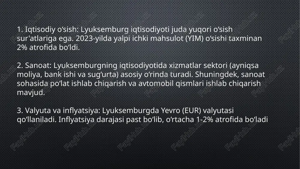 . lyuksemburgning swot tahlili (strengths, weaknesses, opportunities, threats) mamlakatning kuchli va zaif tomonlarini, shuningdek, imkoniyatlar va tahdidlarga oid tahlilni o'z ichiga oladi. kuchli tomonlar (strengths): 1. yuqori daromad va iqtisodiy barqarorlik: lyuksemburg dunyodagi eng boy mamlakatlardan biri bo‘lib, yuqori yalpi ichki mahsulot (yim)ga ega. ularning iqtisodiyoti juda rivojlangan, moliya va xizmatlar sektori yetakchidir. 2. moliyaviy markaz: lyuksemburg yevropadagi eng yirik moliyaviy markazlardan biri hisoblanadi. u yerda ko‘plab xalqaro banklar, investitsiya kompaniyalari va sug‘urta kompaniyalari faoliyat yuritadi. 3. soliq tizimi va investorlar uchun jozibador sharoitlar: lyuksemburgda soliq tizimi biznes uchun qulay va investorlarni jalb qilishda samarali. kichik biznes va yirik kompaniyalar uchun past soliqlar va turli imtiyozlar mavjud. 4. yuqori hayot darajasi: lyuksemburgda ta'lim, sog‘liqni saqlash va infratuzilma juda yaxshi rivojlangan. bu mamlakatda xalqning farovonligi yuqori. 5. geografik joylashuvi: lyuksemburg yevropa ittifoqining markazida joylashgan bo‘lib, bu mamlakatni iqtisodiy, savdo va transport markazi sifatida foydalidir. zaif tomonlar (weaknesses): 1. kichik bo‘lgan ichki …