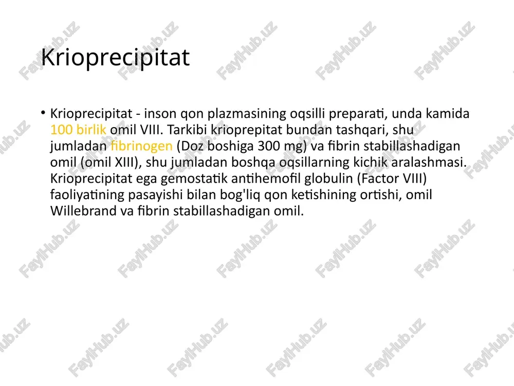 tormozlash faollashtiruvchi harakat streptokinazlar, urokinazlar va mato kinaz haqida fibrinoliz. neytrallashtiradi ta'siri kallikrein, tripsin va hyaluronidaz, kapillyarlarning o'tkazuvchanligini pasaytiradi. rag'batlantiradi trombotsitlar shakllanishi, sezgirlik trombotsitlar trombin uchun retseptorlari, tromboksanu va2 va boshqa endogen agregatlar. donor tarkibiy qismlarining transferi ehtimolini sezilarli darajada kamaytiradi perioperatif davr. aprotinin aprotinin keng spektrli proteolitik fermentlarning inhibitori antifibrinolitik xususiyatlari. shakllantirish qaytariladigan stechiometrik komplekslar fermentlarning inhibitörleridir, aprotinin plazma va mato faoliyatini bostiradi kallikrein, tripsin, plazma va boshqalar, kamaytirish fibrinolitik qon faoliyati, t. o. ta'minlash gemostatik harakat koagulopatiya. aprotinin koagulyatsiyani bir vaqtning o'zida faollashtirish bilan boshlaydigan pıhtılaşma aktivasyonun kontakt bosqichini inhibe qiladi fibrinoliz. sun'iy qon aylanish apparati va pıhtılaşma aktivasyonun foydalanish sharoitida, qonning begona yuzalar bilan aloqa qilishiga, plazma qo'shimcha inhibisyonuna sabab bo'ladi kallikrein bu koagulyatsiya tizimlarida buzilishlarni kamaytirishga yordam beradi fibrinoliz. kardiojarrohlik taqiqlangan-potentsial o'lim darajasini oshiradi. ice va zarba uchun ishlatiladi. desmopressin antidiuretik ta'sirga ega, viii qon ivish omilining faolligini rag'batlantiradi. viii omil va omil plazma darajasida o'sish …