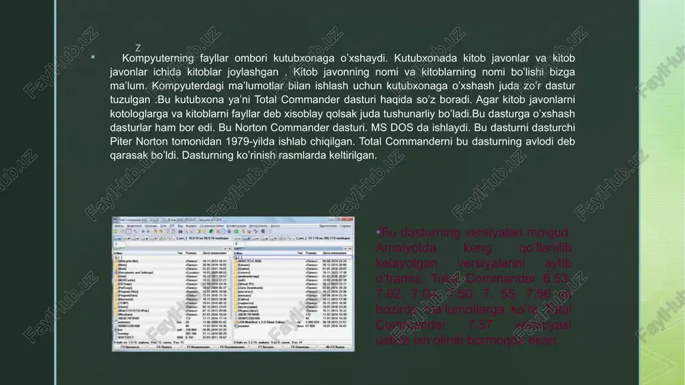 yorliq qo`yish shift+f6 fayl yoki katalog nomini o`zgartirish shift+esc total commander ni yig`ish z alt+(←/→) oldindan kirilgan kataloglarga qaytish va o`tish alt+ ↓ oldindan kirilgan kataloglar ro`yhatini chiqarish num + belgilash num - belgilash bekor qilish num * belgilanmagan fayllarni belgilash num / belgilashni tiklash ctrl+num + hammasini belgilash ctrl+num - belgilashni bekor qilish alt+num + joriy fayl kengaytmasi bilan bir xil bo`lganlarni belgilash ctrl+pgup yuqori katalogga o`tish backspace yuqori katalogga o`tish ctrl+pgdn katalog va arhivlarni ochish ctrl+(←/→) katalog yoki arhivni qo`shni darchaga ochish. ctrl+f1 faylning faqat nomini k`orsatish ctrl+f2 fayl haqida to`la ma`lumotni ko`rsatish ctrl+shift+f2 izohlarni ko`rish (ctrl+z izoh qo`yish) ctrl+f3 fayl nomi bo`yicha tartiblash ctrl+f4 fayl kengaytmasi bo`yicha tartiblash ctrl+f5 fayl vaqti bo`yicha tartiblash ctrl+f6 fayl hajmi bo`yicha tartiblash ctrl+f7 fayllarni tartiblanmagan ro`yhati ctrl+f8 kataloglar strukturasini chiqarish ctrl+f9 faylni chop etish z ctrl+f10 hamma fayllarni ko`rsatish ctrl+f11 faqat programmalarni ko`rsatish ctrl+f12 belgilangan fayllarni ko`rsatish ctrl+a hamma fayllarni belgilash …