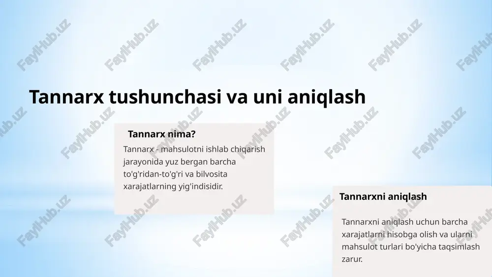 ga. 2 xarajatlarni optimallashtirish imkoniyatlari mavjud har bir xarajat turi uchun tahlil olib borib, ortiqcha xarajatlarni kamaytirish mumkin. 3 tannarx nazorati muntazam olib borilishi kerak tannarxni doimiy ravishda monitoring qilib, uni samarali boshqarish va nazorat qilish muhim. 4 tannarx ma'lumotlaridan samarali foydalanish tannarx haqidagi ma'lumotlardan qarorlar qabul qilish, narxlar belgilash va boshqa strategik masalalarni yechishda foydalanish. 11 e’tiboringiz uchun rahmat image1.jpeg image2.jpeg image3.jpeg image4.jpeg image5.jpeg image6.jpeg image7.png image8.png image9.png image10.png image11.jpeg image12.jpeg