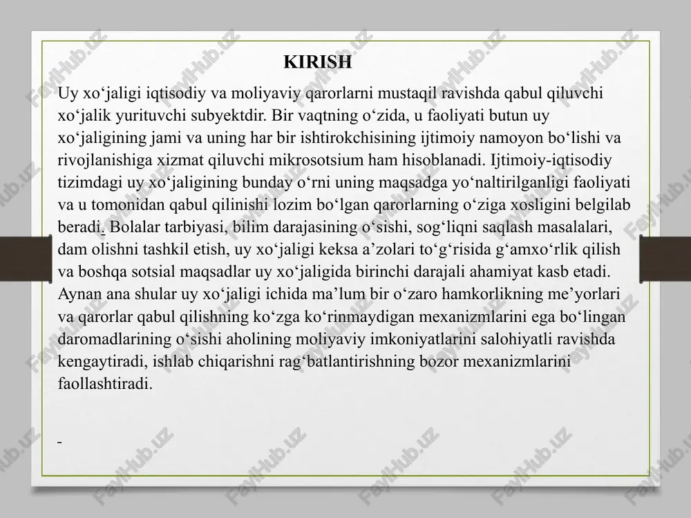 vaziyat mavhumligi (noaniqligi) darajasini kamaytirishlari kerak va yo’l qo’yiladigan risk darajasini qachon oshirishlari zarur. 2. investitisiyalar bilan bog’liq bo’lgan (investitsion) qarorlar. mavjud jamg’armalarni qaysi (qanday) aktivlarga yo’naltirish (joylashtirish) kerak. uy xo’jaliklari o’z daromadlarining ma’lum qismini kelajakda sarflash uchun jamg’arib qo’yishlari natijasida ular umumiy boylik jamg’armasini to’plab qo’yadilar. bu mablag’larning umumiy nomi aktivlar deyiladi. iqtisodiy qiymatga ega bo’lgan barcha narsalar aktivlar deyiladi. uy xo’jaliklarining o’zlari to’plagan mablag’larni sarflash borasida qaror qabul qilish jarayoni xususiy investitsiyalash (asset allocation) yoki pul mablag’larini turli aktivlar turlari o’rtasida taqsimlash, deb ataladi. uy xo’jaligi boyligi yoki mulkning toza (sof) bahosi (qiymati) (net worth) uning mulki bahosidan uning qarz majburiyatlari summasini ayirish orqali aniqlanadi. uy xo‘jaliklarida iste’mol maqsadlari va jamg‘arish uchun pul (moliyaviy) munosabatlar majmui uy xo‘jaliklari moliyasi deyiladi mablag‘lari fondlarini shakllantirish, ularni taqsimlash va foydalanishga tegishli (oid) bo‘lgan iqtisodiy moliyaviy qarorlarni qabul qilish bosqichlari. har qanday boshqa sohada qarorlar qabul qilish kabi moliyaviy qarorlar ikki yoki …