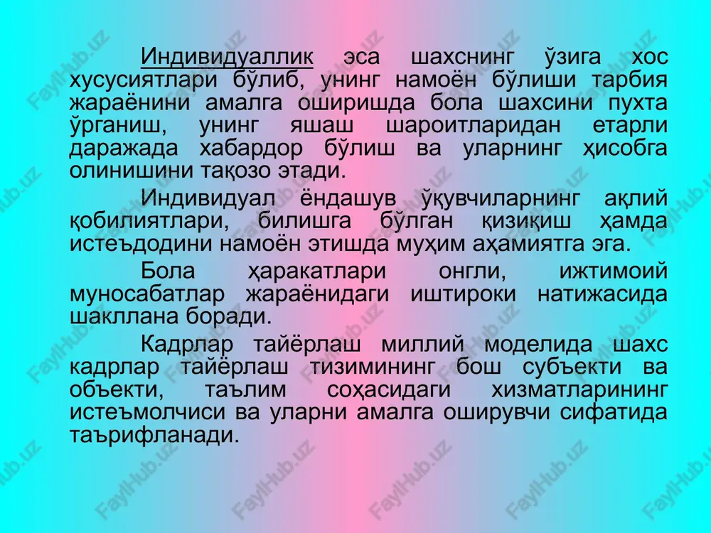 hunarmandchilik hamda shaxsiy qiziqishga ko'ra tanlangan sohalardan iborat. faoliyatning asosiy turi – muloqotdir. bolaning jismoniy va psixik kamoloti davrlari go'daklik davri – chaqaloqlik (1 oy) davri tugagandan to bir yoshgacha bo'lgan davr bog'chagacha bo'lgan yosh davri – 1 yoshdan 3 yoshgacha. maktabgacha ta'lim yoshi – 3 yoshdan 7 yoshgacha kichik maktab yoshidagi o'quvchilar –7-11-12 yoshgacha. o'rta maktab yoshidagi o'quvchilar (o'smirlar) 14-15 yosh. katta yoshdagi maktab o'quvchilari (o'spirinlar) – 16-18 yosh bolalar qiziqishini qanoatlantiruvchi qiziqarli uchrashuv, sayr va tomosha va ekskursiyalarni tashkil etish zarur. mazkur yosh davri o'quvchilariga emotsionallik xos, ularning fikrlashi obrazli bo'ladi, his-tuyg'ulari mazmuni o'zgaradi. ular odamlar bilan aloqa qilishga qiziqadilar. o'rta maktab yoshi (o'smirlik 12-15 yosh). o'smirlikning murakkabligi anotomik-fiziologik va psixologik xususiyatdagi kuchli o'zgarishlar bilan bog'liqdir. bolaning o'sishi tezlashadi. bu davrni o'tish davri ham deyiladi. bu davrda jinsiy etilish davri boshlanadi. bu bolaning fe'l-atvoriga ta'sir etadi. o'smir hayotida mehnat, o'yin, sport va jamoat ishlari katta rol o'ynaydi. ba'zilarining …