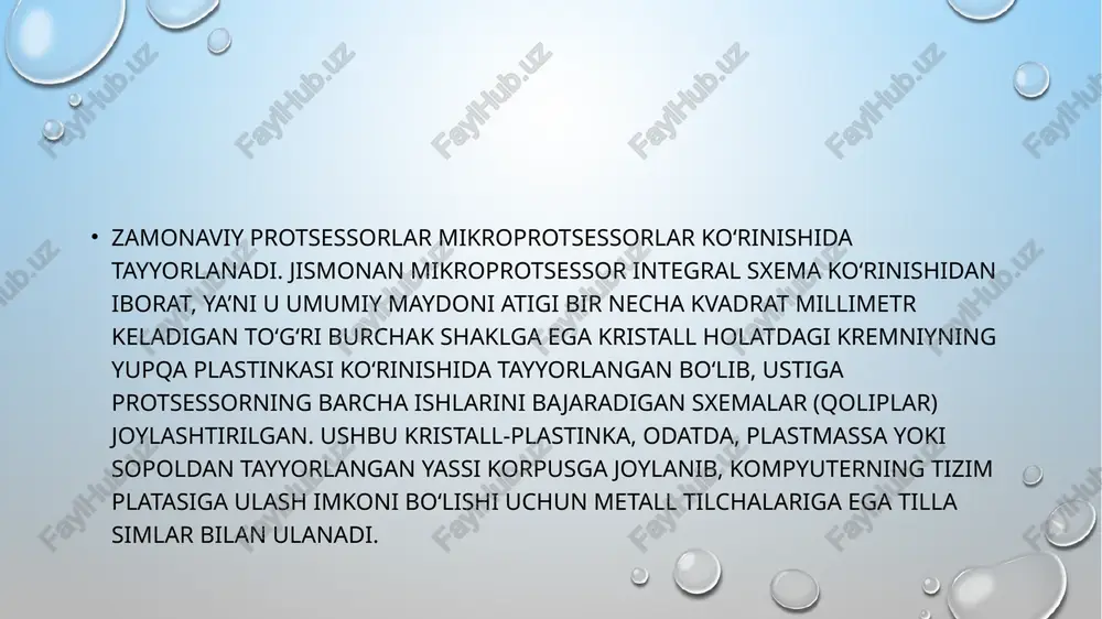 sa, o‘z navbatida, loyihaning umumiy muvaffaqiyatiga sezilarli omil bo‘ldi. 1991 yil intihosida protsessor maketi tayyor bo‘lib, unda muhandislar dasturiy ta’minotni ishga tushirishga muvaffaq bo‘ldilar. loyiha ishlari asosan 1992 yilning fevral oyida nihoyasiga yetkazilib, protsessorlarning tajriba uchun yaratilgan partiyasi keng qamrovli sinovdan o‘tkazila boshlandi. pentium sanoatini o‘zlashtirish yuzasidan qaror 1992 yilning aprel oyida qabul qilinib, 1993 yil 22 mart kuni pentium protsessorining keng qamrovli taqdimoti o‘tkazildi. tezkor xotira. xotira turlari bilan tanishish xotira-ma’lumot va dasturlarni saqlash uchun xizmat qiladi va quyidagilarga bo’linadi: 1.operativ xotira 2. kesh xotira 3. bios xotira 4.cmos(yarim doimiy xotira) 5. video xotira tezkor hotira boshqaruv hotirasiningsignallariorqali ishlaydi va ular orasidagi ba’zi signallarning uzilishini tinimsiz ushlab turadi. bu signallar hotira modulidagi buyruqlarni bajarishga ulgurishi va keyingilariga tayorgarlik ko’radi. ushbu uzilishlar “tayming” lar deb nomlanadi va odatda qattiq disk xotirasini o’lchaydi. bu “tayming” lar orasida cas# latency (tcl), ras# tocas# delay (trcd), ras# precharge (trp) va active to precharge …