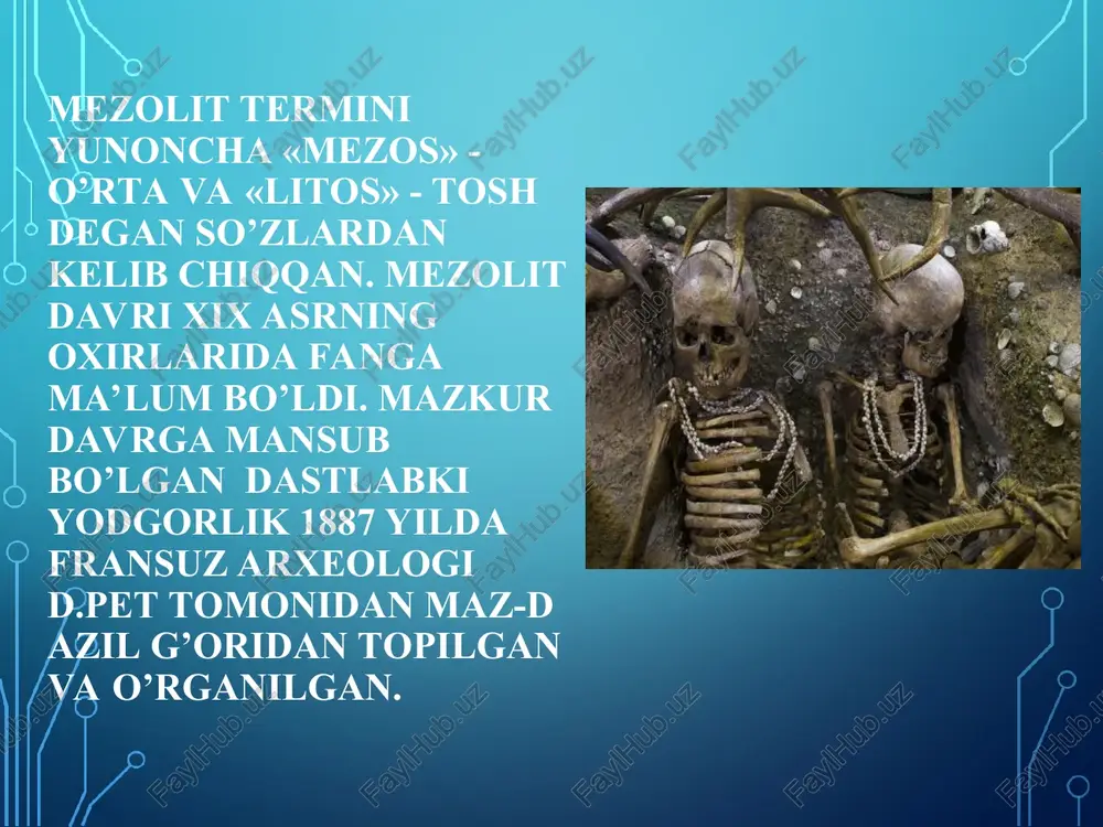 ar, o’roq-randalar va boshqa qurollar takomillashgan. o’rta osiyoning neolit davriga oid kaltaminor, hisor va joytun madaniyatlari mavjud. o’rta osiyoda kaltaminor madaniyati nomi bilan mashhur bo’lgan yodgorliklar asosan o’lkaning g’arbiy va shimoli-g’arbiy tomonlarida keng tarqalgan. shu bilan birga uning chegarasi ural daryosi va kaspiy dengizi bilan ham tutashgan. janubda qoraqum va shimoliy qizilqum etaklarida, sharqda esa orol dengizi shimoliy-sharqiy va janubiy tomonlarida quyi sirdaryoga borib taqaladi. qizilqum va ustyurtning keng hududlarida ham kaltaminor madaniyati ancha keng tarqalgan. kaltaminor madaniyatini arxeolog s.p.tolstov o’rgangan. arxeologlar jonbos-4 manzilgohini o’rganish jarayonida yarim yerto’la shaklidagi kulba (chaylaga) duch keladilar. jonbos-4 makonida topilgan kulbaning maydoni 300 m2 bo’lib, bu yerda 120-125 kishi istiqomat qilgan. u katta urug’ jamoasining makoni bo’lgan. hisor madaniyati nomi bilan atalgan markaziy osiyoning neolit davri makonlari. hisor – pomir tog’laridan topib o’rganilgan. hisor madaniyatining asosiy markazi tojikiston respublikasining hisor – bobotog’ - qoratog’ oralig’idagi yerlar bo’lib, dastlab o’rganilgan yodgorliklar hisor vodiysidan topilganligi uchun …