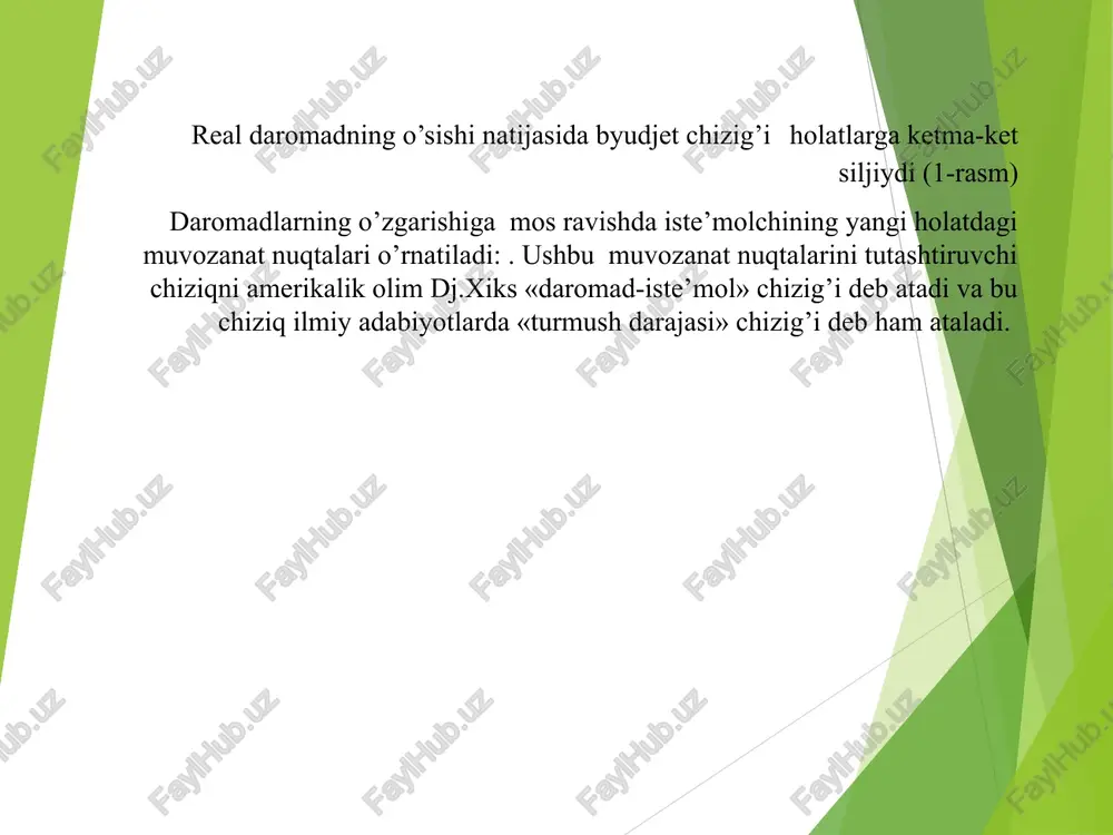 ri chiziqlarida joylashgan e1 , e2 va e3 nuqtalarga o’tadi agar biz optimal majmua nuqtalarini (befarqlik egri chiziqlari bilan byudjet chiziqlari kesishgan nuqtalarni) chiziq bilan birlashtirsak, bu chiziq «narx-iste’mol» chizig’i bo’ladi (a rasmdagi v chizig’i). «narx-iste’mol» chizig’iga ko’ra, talab chizig’ini aniqlash mumkin (b) rasm. bu holda ordinata bo’yicha narx, absissa o’qi bo’yicha x1 ne’mat miqdori belgilanadi. daromad va almashtirish samaralari. «daromad-iste’mol» chizig’ini tahlil qilganimizda, daromad o’zgarishini ( narxlar o’zgarganda) iste’molga ta’sirini o’rgangan edik. «narx-iste’mol» chizig’i orqali narxlarning o’zgarishini bir ne’mat bilan boshqa bir ne’matni nisbiy almashtirishga ta’siri o’rganiladi. endi biz x1 ne’matga bo’lgan talabni o’zgarishining qancha qismi narx bilan bog’liq va qancha qismi daromad bilan bog’liqligini ko’rib chiqamiz (4-rasm). narxning har qanday pasayishi, birinchidan: real daromadni oshiradi, natijada befarqlik egri chizig’i siljiydi va iste’molchi sotib olishi mumkin bo’lgan ne’matlar tarkibini o’zgartiradi; ikkinchidan - narxlar nisbatini o’zgartiradi va bir ne’mat (b) bilan boshqa ne’mat (a) almashtiriladi. ne’matlar majmuasiga (a va b …