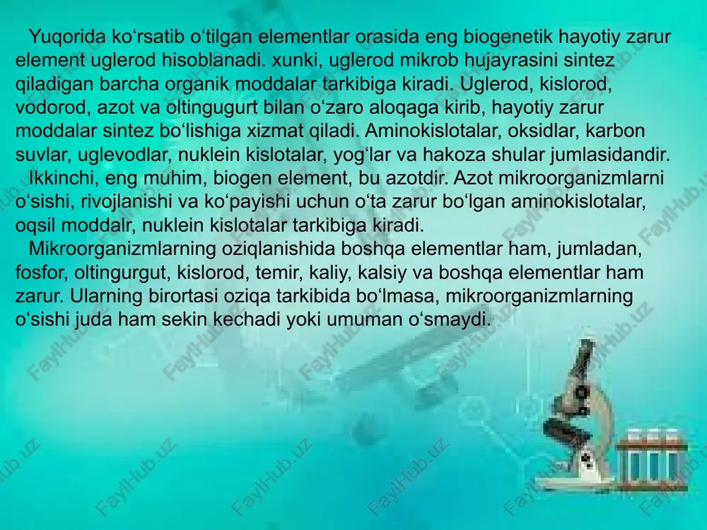 n vodorod atomlari akseptorlarga o‘tadi. bu fazada bir qancha reaksiyalar amalga oshib ularni krebs sikli yoki trikarbon sikli deyiladi. ikkinchi fazada ajralgan vodorod atomlari kislorod bilan oksidlanadi va atf hosil bo‘ladi. ikkala faza birgalikda substratni co2 va h2o va biologik foydali energiya hosil bo‘lishiga olib keladi (atf va boshqa birikmalar). quyida inog‘omova (1983) s.p.kostichev fikriga ko‘ra aerob nafas olishda pirouzum kislota (cn3cocoon) hosil bo‘lishi asosiy o‘rinni egallashi va asosiy jarayonlarni quyidagicha tushuntiradi. nafas olish protsessida pirouzum kislotadan so2 ajraladi va sirka kislota hosil bo‘ladi. sirka kislota atsetil (cn3-co) gruppa shaklida koenzim-a fermentiga birikib, atsetilkoenzim-a (cn3-coc-co-a) degan moddaga aylanadi. bu modda suv ishtirokida oksalat-sirka kislota bilan qo‘shilishi natijasida limon kislota hosil bo‘ladi limon kislota tarkibidan bir molekula suv ajralib sis-akonit kislota hosil bo‘ladi. sis-akonit kislotaga bir molekula suv birikib, izolimon kislota hosil qiladi. bu kislota vodorodini yo‘qotib, oksalat-qahrabo kislotaga aylanadi. reaksiya vaqtida suv va organik moddalardan ajralgan vodorod va elektronlar (2n+ …