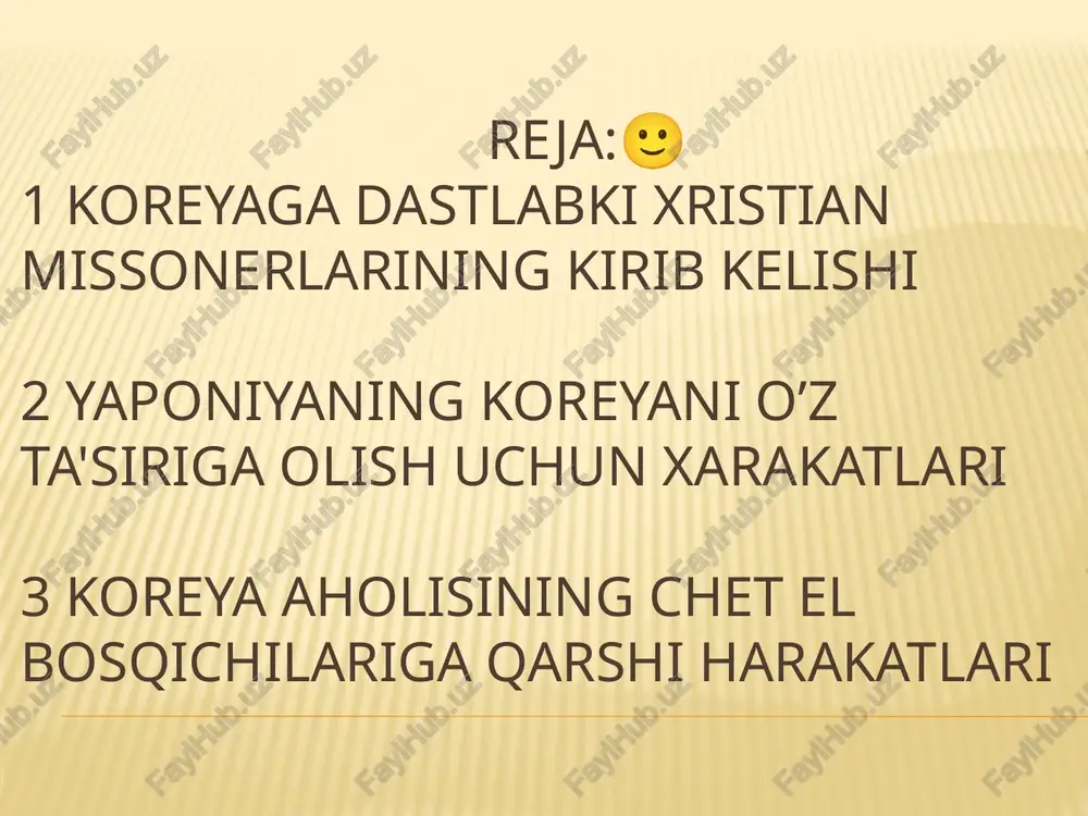 lindi, bu esa qo’zg’olonning boshlanishiga signal bo’ldi. qo’zg’olonchilarga shahar kambag’allari va atrofdagi qishloqlar dehqonlari ham qo’shildi. qo’zg’olon ko’targan xalq ommasi o’zlari yomon ko’rgan eng shafqatsiz amaldorlarni jazoladilar. e'tiboringiz uchun rahmat image4.jpeg image5.jpeg image6.jpeg image7.jpeg image8.jpeg image9.jpeg image10.jpeg image3.jpeg nysndy —“saox nvaw es nysuony ae vy au qo xm piro sg one ona abs ¢ anbdas mba eee % vvawuo a seay eum ronan h oo. koreyada yapon general gubernatorlarligi o‘rnatilib bu hukmronlik 1945- yilgacha davom etdi._ 1876-yil 26-fevralda yaponiya va koreya “yaponiya-koreya do‘stlik 7 shartnomagt' ni imzoladilaray yaponiya kdteyaga ushbu tengsiz shartnomani imzolash u¢hun bosim o'tkazish uchun qurolli diplomatiyadan foydalangan t gangvada yapon qo'shinlari 1876 yil kuroda missiyasi 2yilda \gangva oroliga koreya hukumatini, yaponiyaga bitap il sertetapeters cls ae ykelight port, xususan bh le lao fs [|= pusan, :incheon.va, » i vonsan portlarini 9 | ochishga majbur |)" s « qildi). + see leas : : : ae | 2 …