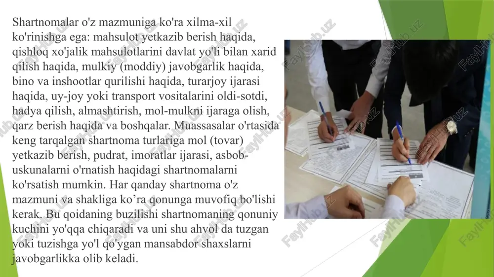 y (yuridik) shaxslarning (to'liq yoki qisqargan) nomi ko'rsatiladi. shartnomalar ikki nusxadan kam tuzilmasligi lozim, chunki har bir huquqiy shaxsning hujjatlar yig'masida kamida bir nusxasi bo'lishi kerak. shartnomaning barcha nusxalari bir xil huquqiy kuchga ega bo'ladi. shartnoma matni varaqning har ikkala tomoniga kompyuterda bir oraliq bilan yoziladi, boblarning bandlari esa o'zaro bir yarim oraliq bilan ajratiladi. «sh a r t n o m a » so'zini katta harflar bilan orasini ochiq qilib yozish tavsiya etiladi.yuqorida aytib o'tilganidek, shartnomalar o'z shakli va mazmuniga ko'ra nihoyatda xilma-xildir. quyida ularning ba'zilariga, ularni tuzish va rasmiylashtirish bilan bog'liq omillarga qisqacha to'xtalib o'tamiz, zarur o'rinlarda namunalar keltiramiz. ma'lumki, o'zbekiston respublikasi vazirlar mahkamasining 1993-yil 19-iyundagi 297-sonli va o'zbekiston respublikasi fan va texnika davlat qo'mitasining 1993-yil 26-iyundagi qarorlariga muvofiq, o'quv yurtlari va ilmiy muassasalar, jumladan, o'zr fanlar akademiyasi tizimidagi barcha ilmiy tadqiqot muassasalari, loyihalash va konstruktorlik byurolari 1994-yil yanvar oyidan boshlab barcha toifadagi xodimlarni shartnoma (kontrakt) bo'yicha ishga …