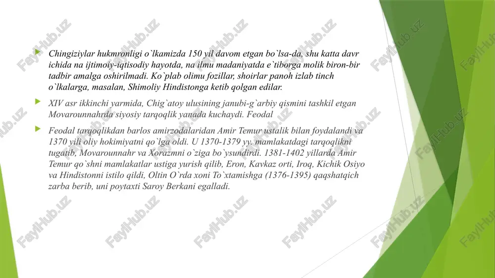 r va maqolalar bibliografik ko`rsatkichidan ham bilsak bo`ladi. sohibqiron temur obrazi yaratilgan asarlari ikki guruhga ajratish mumkin. birinchisi, ilmiy-tarixiy va memuar asarlar bo`lsa, ikkinchisi adabiy-badiiy asarlardir. amir temur obrazi birinchi bo`lib tarixiy-memuar asarlarda yaratilgan. bularga ibn arabshohning «amir temur tarixi», ryun gonsales de klavixo «samarqandga temur saroyiga sayohat kundaligi» kabi va boshqa asarlar kiradi. amir temur obraziga murojaat sohibqironning tirikligidayoq boshlangan. ayniqsa, ovrupa uyg`onish davri ijodkorlari uning shaxsiga katta qiziqish bilan qaraganlar. uyg`onish davri gumanistlari jismoniy va ma`naviy yetuk komil inson idealiga intilganlar. xorijning mashhur tarixchilaridan e.gibbon, f.shlosser, g.veber, jan-pol‘ ru va boshqalar o`z asarlarida amir temur faoliyati haqida ma`lumotlar berganlar mustaqillik davri tom ma`noda hazrati temurning qayta tug`ilish davri bo`ldi. sohibqironning «bizkim, mulki turon, amiri turkistonmiz. bizkim, millatlarning eng qadimgi va eng ulug`i – turkning bosh bo`g`inimiz», degan gaplari xalqimizga milliy o`zligini, buyuk va jahonshumul an`analarga voris ekanligini chuqur anglashga xizmat qiladi. «amir temur tuzuklarini o`qisam, - degan edi …